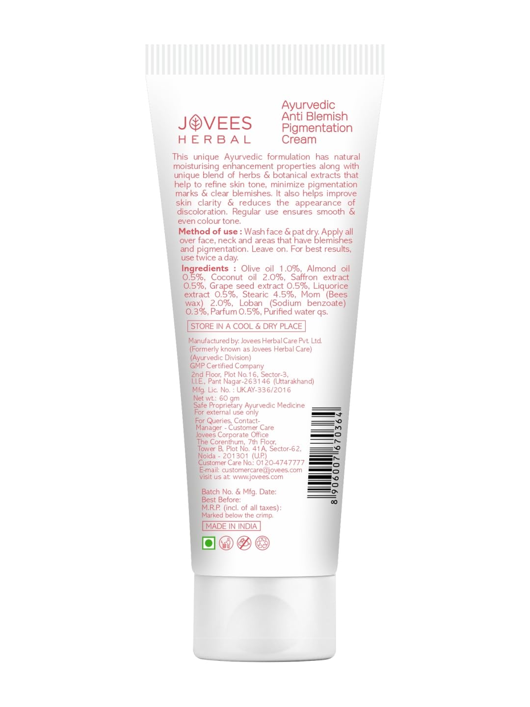 Jovees Herbal Anti Blemish Pigmentation Face Cream 60g - Paraben & Alcohol Free for All Skin Types - Brightens Skin & Reduces Dark Spots - Perfect for Daily Skincare & Hyperpigmentation Treatment
