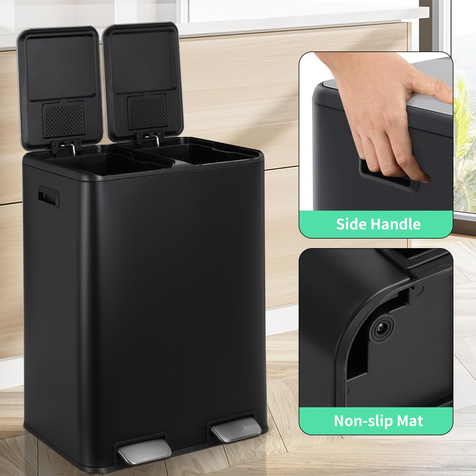 Arlopu 16 Gallon Dual Compartment Stainless Steel Kitchen Trash Can with Odor Control - 2 Built-in Bins, Soft-Close Lid, Foot Pedal & Side Handle - Perfect for Home, Office & Recycling Waste (Black)