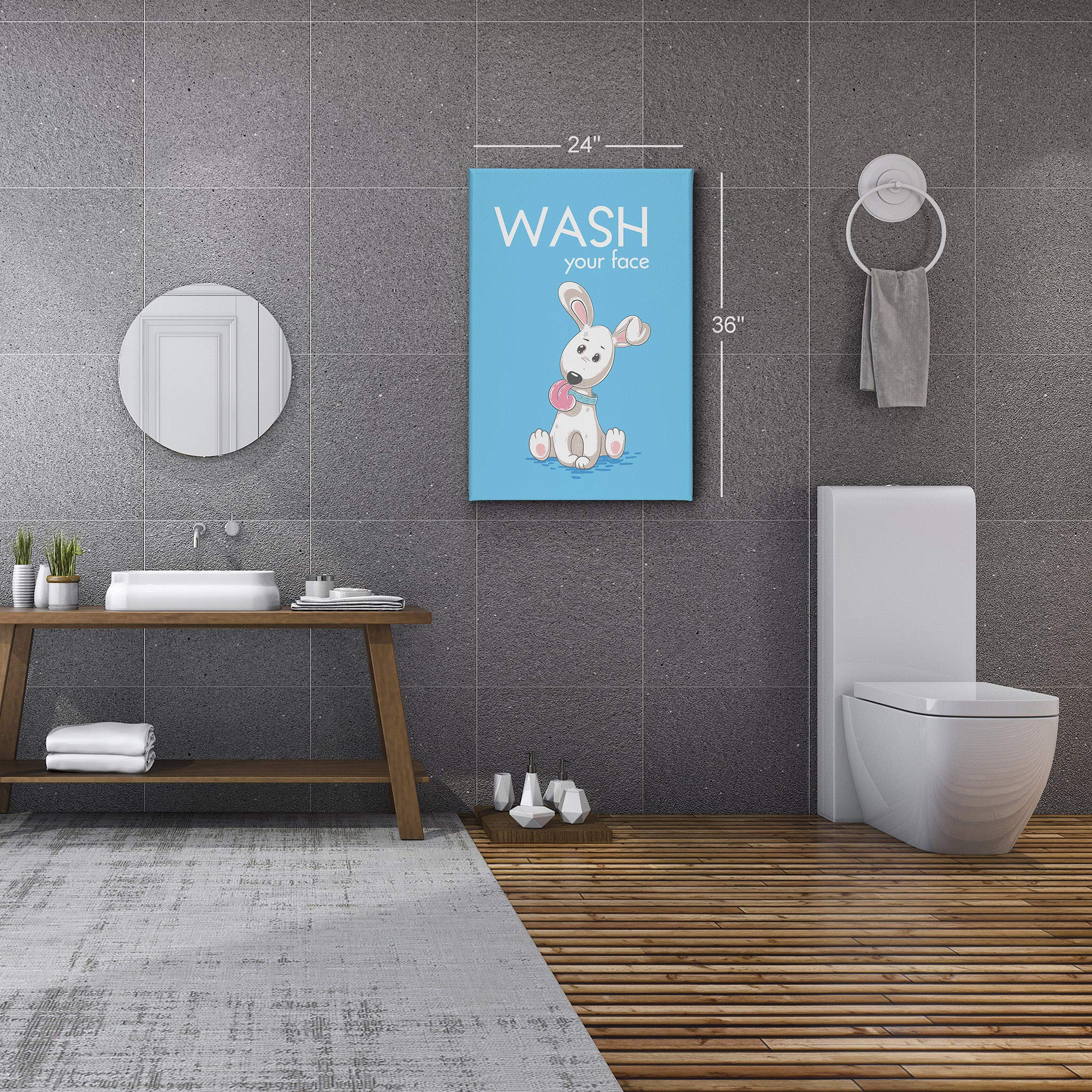 Smile Art Design 'Wash Your Face' Quote Canvas Print - Funny Bathroom Sign for Kids & Dog Nursery Decor - Ready to Hang Wall Art (36x24) - Made in USA | Perfect for Bathroom, Nursery, and Home Decoration