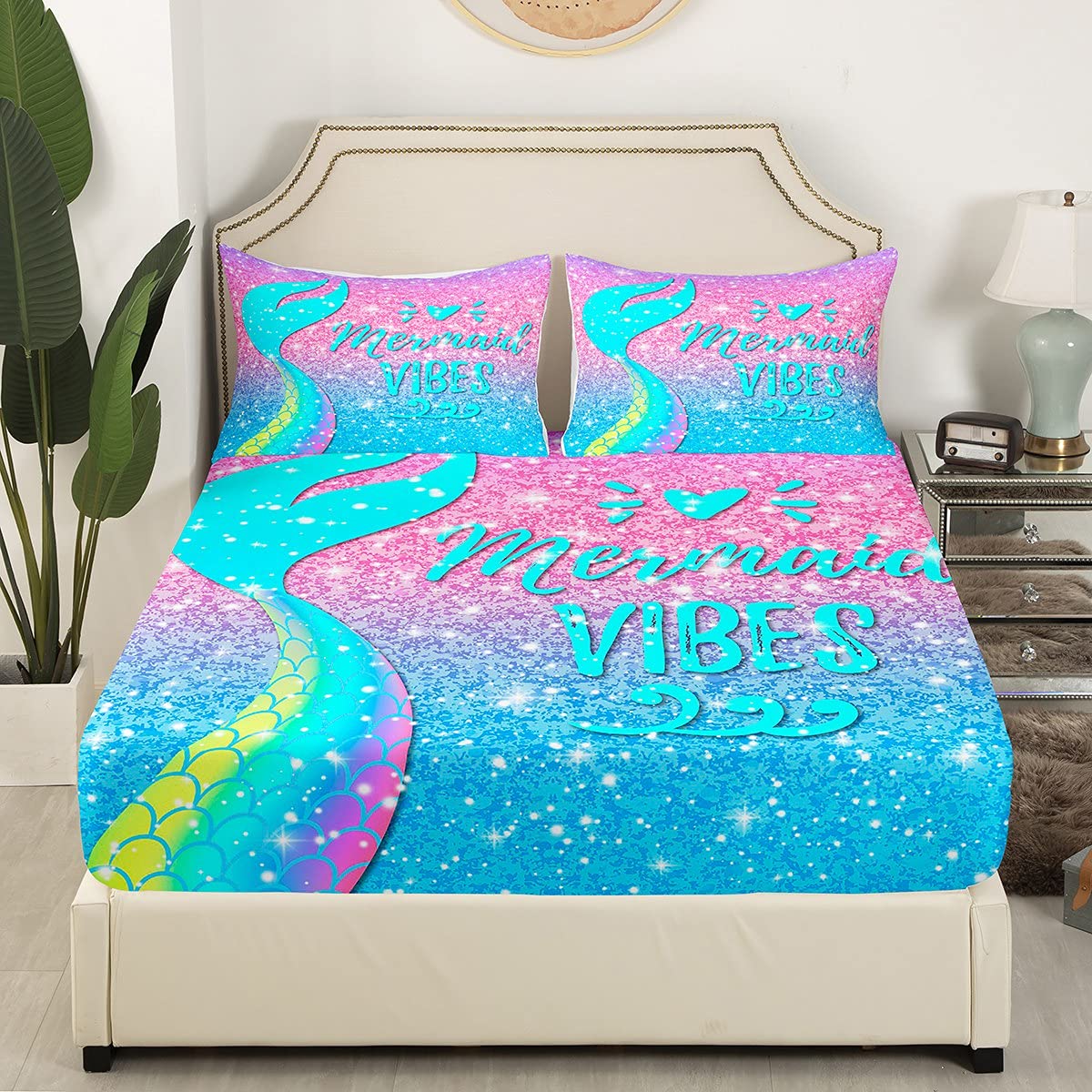 **Glitter Galaxy Mermaid Bed Sheet Set Full Size - Rainbow Sequins Ocean Scales Bedding for Kids, Girls & Women - Pink Blue Pastel Kawaii Coastal Animal Fitted & Flat Sheet 4 Pcs - Perfect for Kids' Rooms, Themed Bedrooms & Coastal Decor**