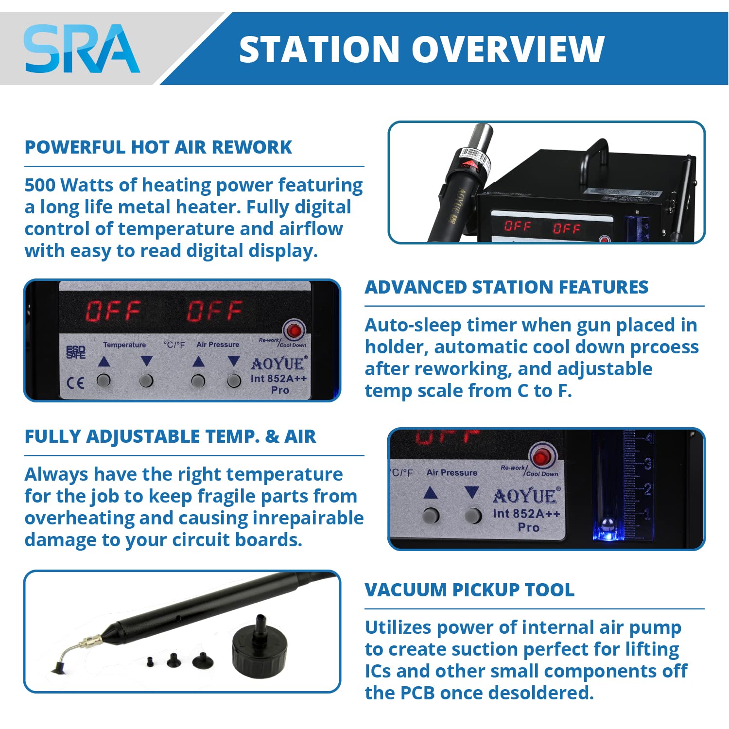 Aoyue 852A++ Digital SMD Hot Air Rework Station with LCD Display - Professional Soldering & Desoldering Tool for Electronics Repair, PCB Work, and DIY Projects