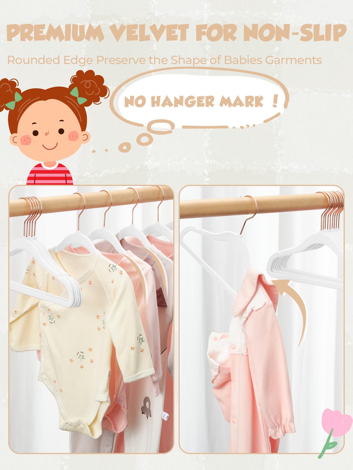 Premium Baby Clothes Hangers - 50 Pack Velvet Non-Slip Toddler Hangers with Rose Gold Hooks (11.8