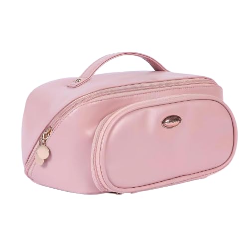 Leather Makeup Pouch Bag - Wide Opening Cosmetic Organizer for Travel & Toiletry
