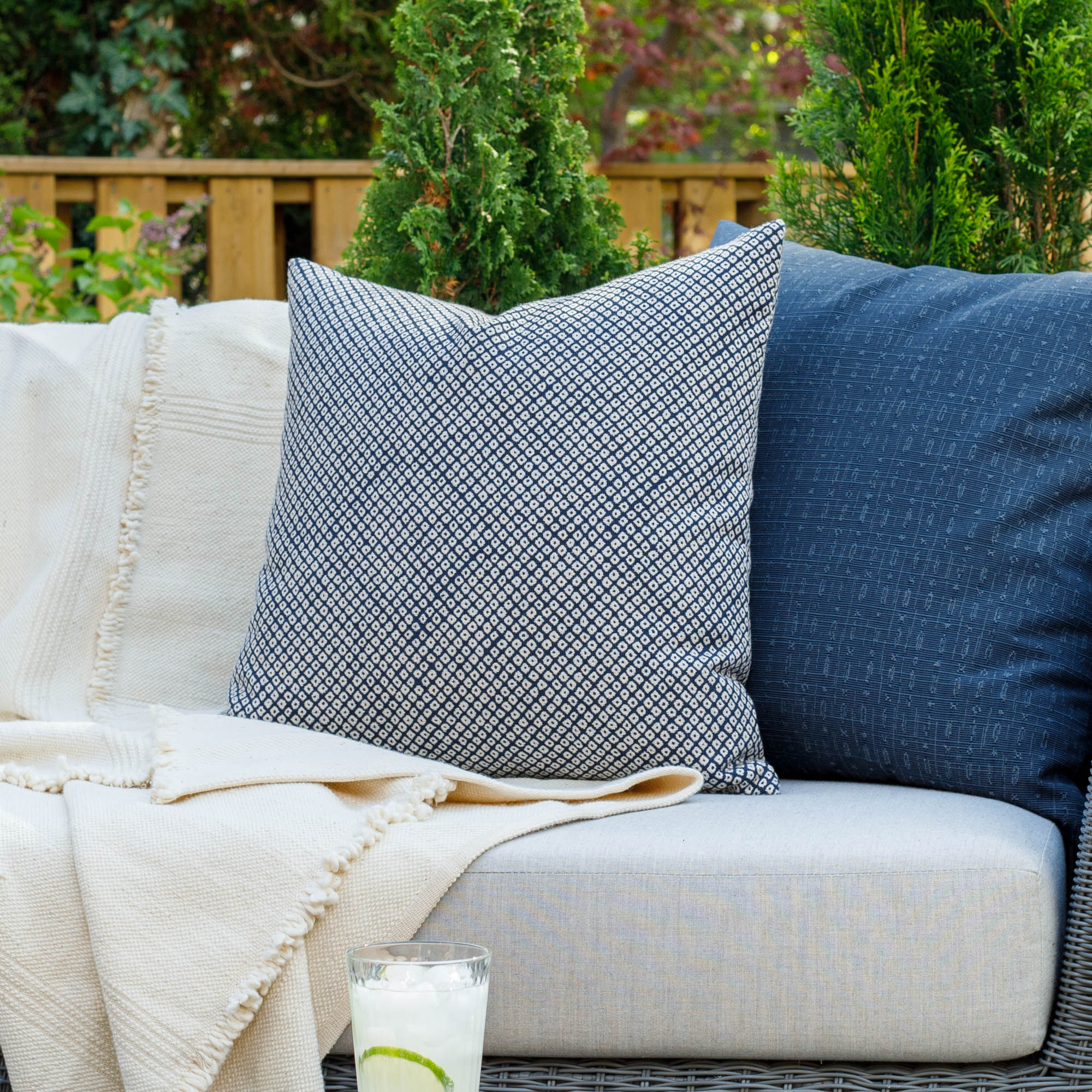 Shibori 20x20 Outdoor Pillow Cover - Hand-Dyed Indigo Blue Boho Decorative Throw Pillow for Patio, Porch, Garden & Poolside Lounging
