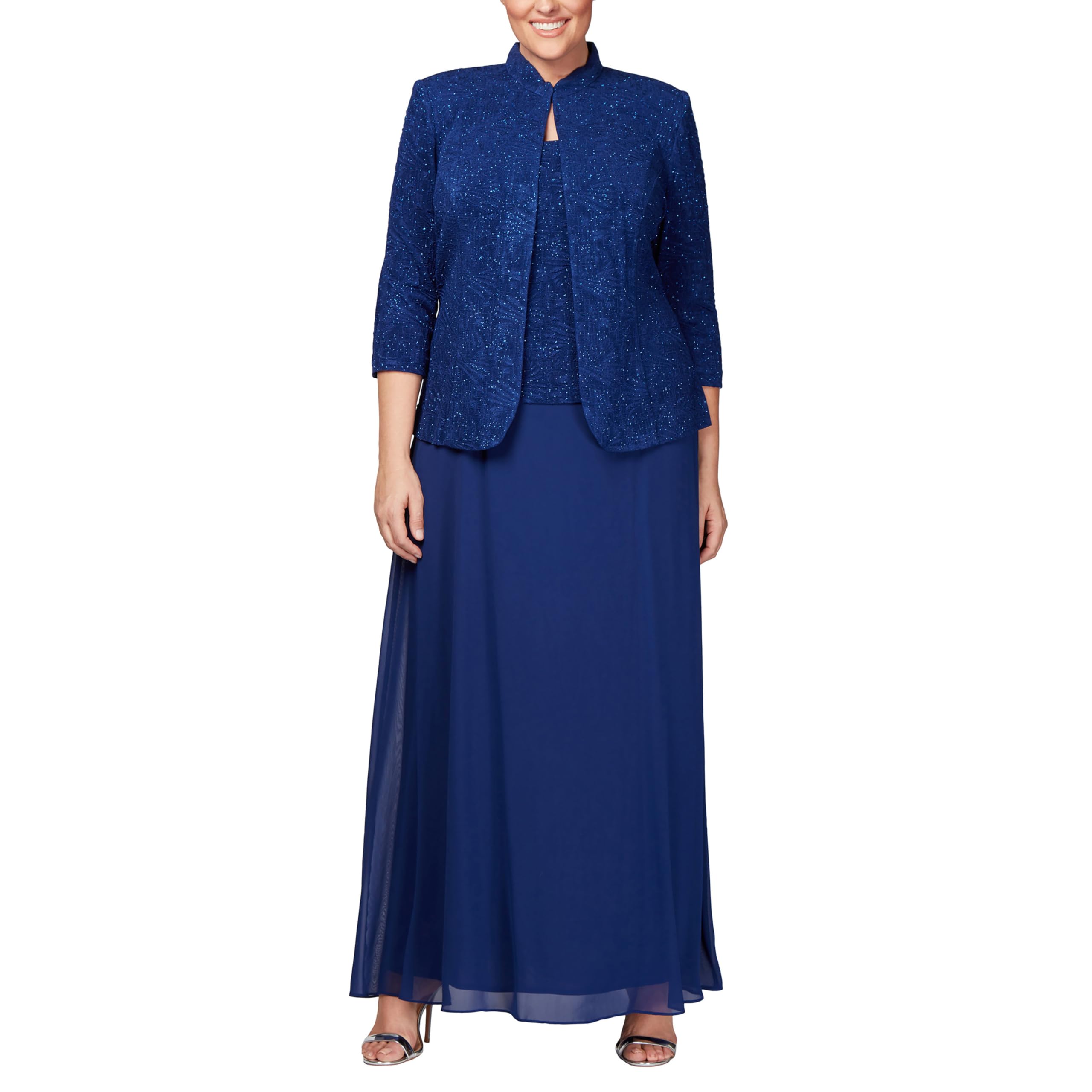 Alex Evenings Women's Long Formal Dress with Mandarin Collar Jacket Set - Elegant Evening Gown for Special Occasions, Weddings, Parties & Black Tie Events (Regular, Petite & Plus Sizes)