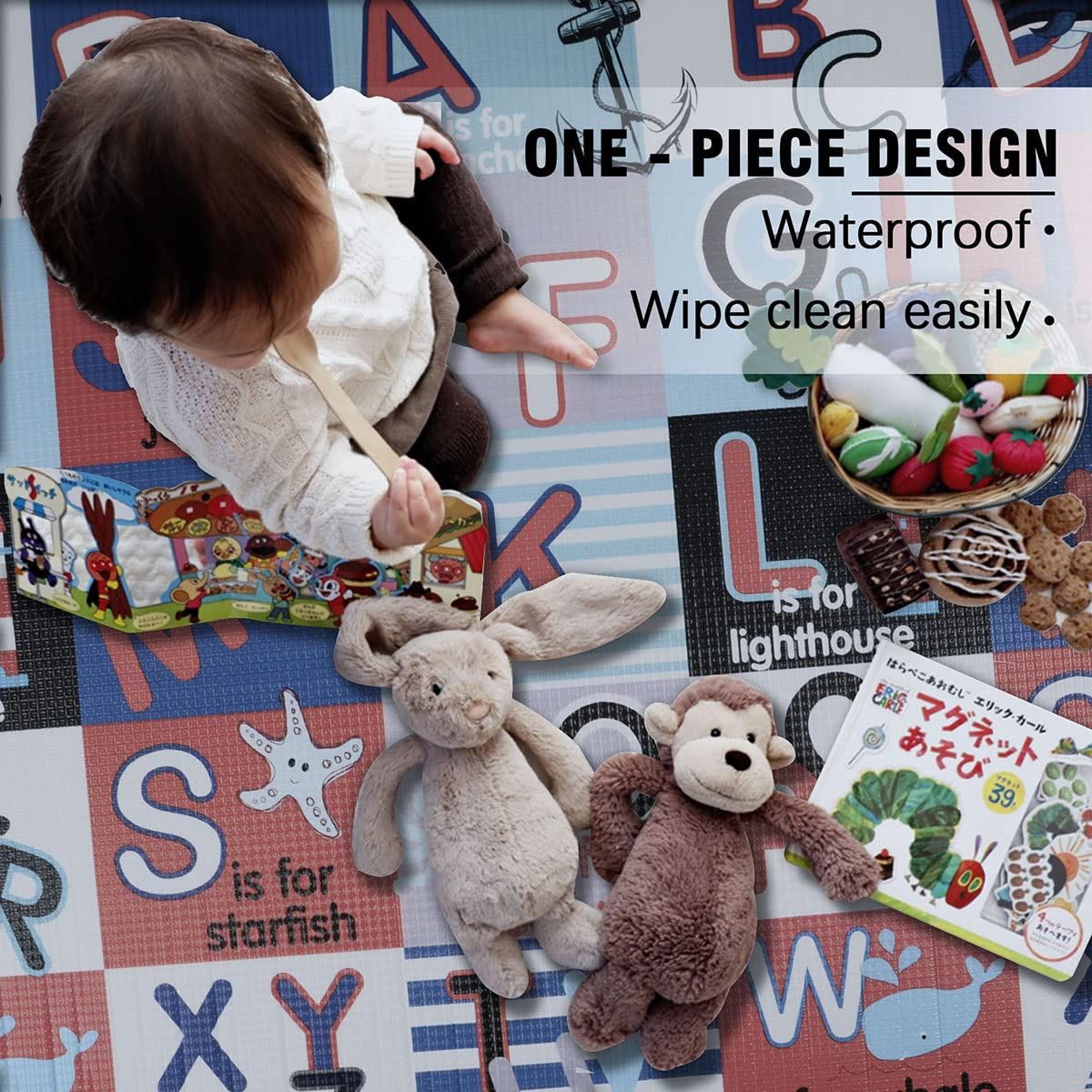 Napfox Baby Play Mat - Reversible Non-Toxic Waterproof Foam Floor Mat for Kids (6.56ft x 4.27ft) with Alphabet Design - Perfect for Nursery, Playroom & Toddler Learning Activities