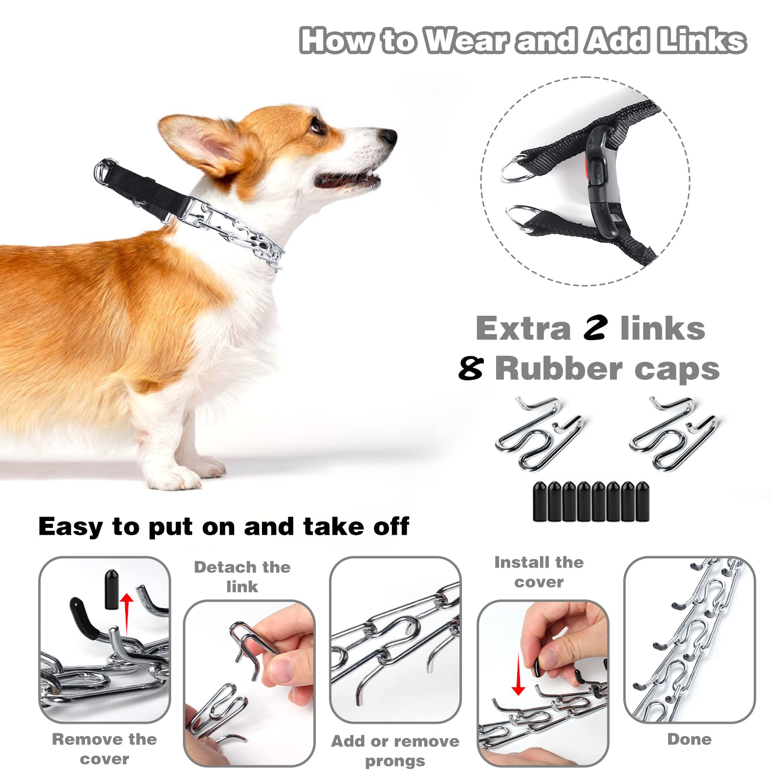 Adjustable No-Pull Dog Prong Collar with Quick Release Buckle & Rubber Tips - XL Size (20