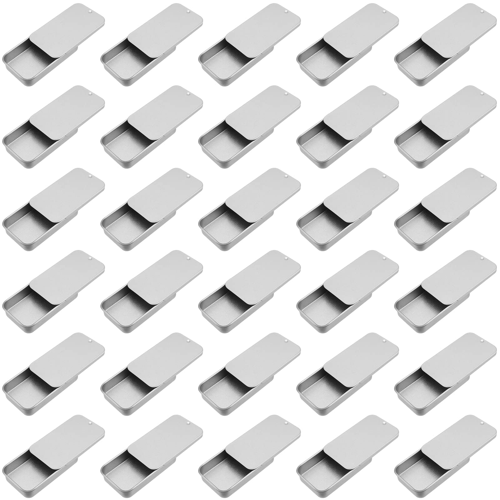 30 Pack Small Silver Metal Tin Containers with Slide Lids - 0.43x2.36x1.34 Inch Rectangular Storage Boxes - 0.5 oz Mini Tins for DIY Crafts, Jewelry Making, Candle Storage, Party Favors & Travel Organizer - Perfect for Beads, Pins, Spices & Essential Oils