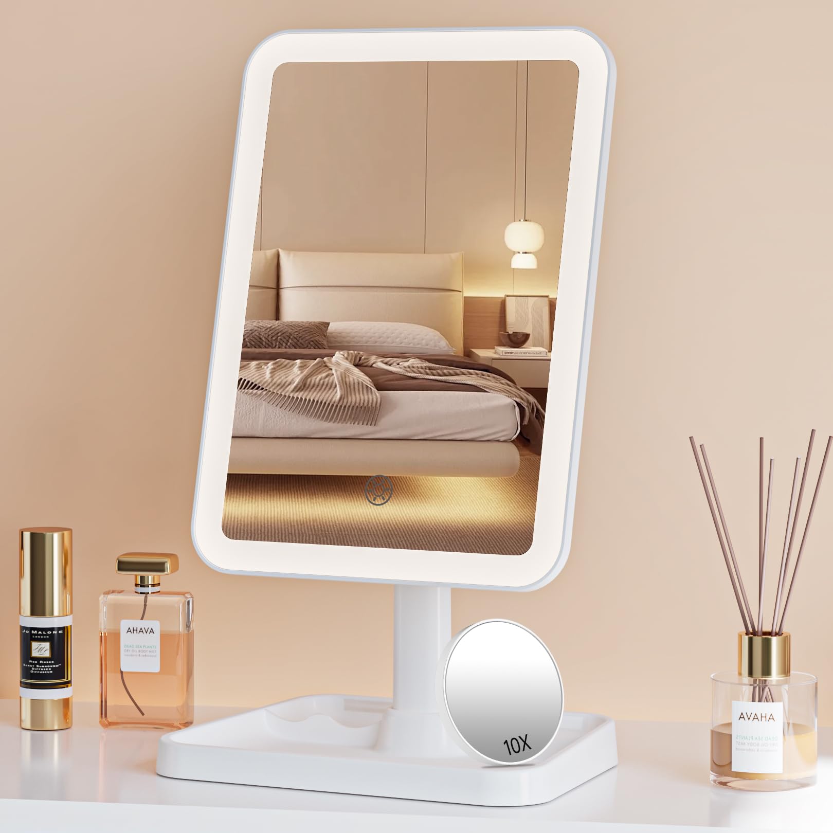 Famihomii Rechargeable LED Makeup Mirror with 3 Color Lights, 360° Rotation & 2000mAh Battery - Detachable Vanity Mirror with Storage for Girls | Perfect for Home Decor, Bedroom, Bathroom & Travel Makeup Station