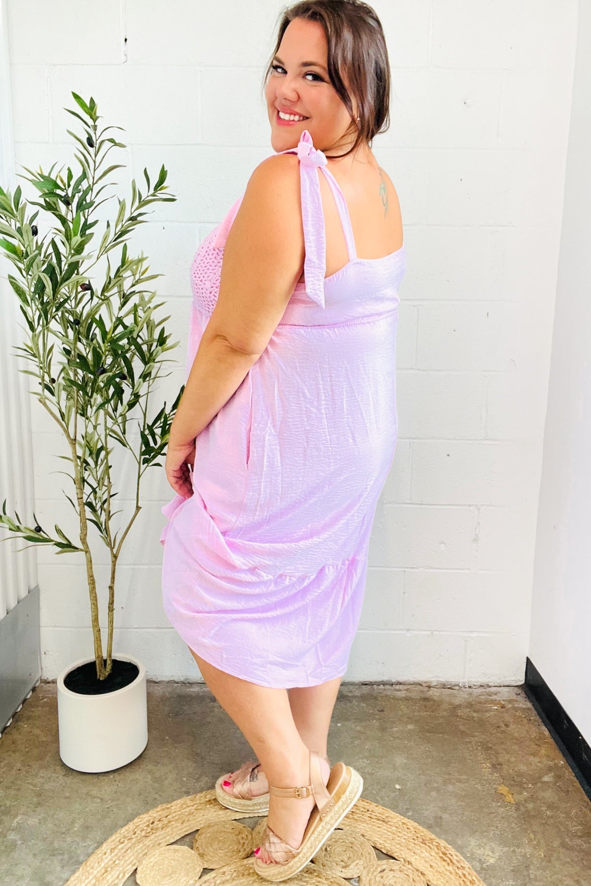 Elegant Pink Crochet Lace Babydoll Midi Dress for Women - Romantic Summer Outfit for Date Night & Beach Vacations