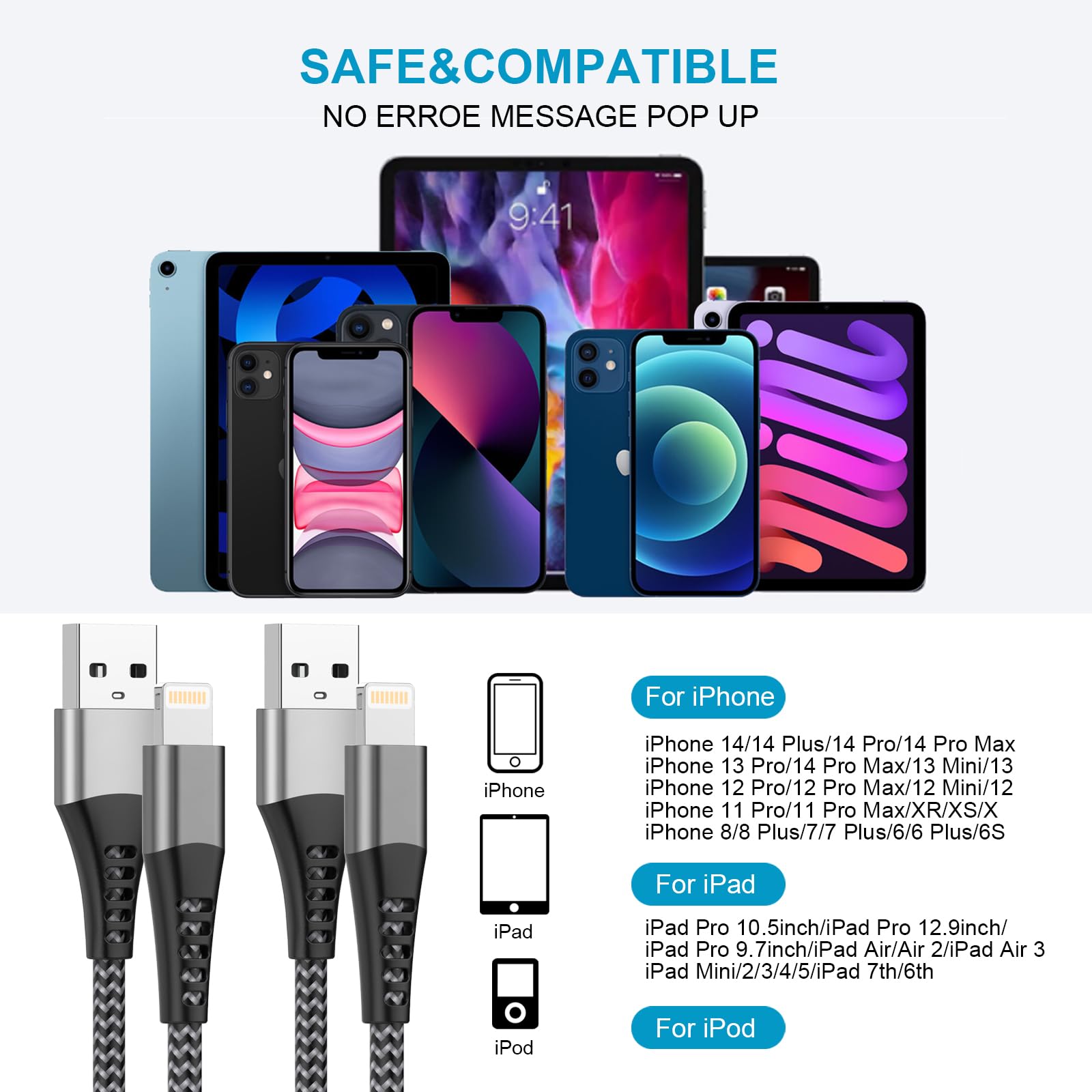 2-Pack MFi Certified iPhone Charger Cable 1M - USB to Lightning Fast Charging Cable for iPhone 14/13/12/11 Pro Max/XR/XS/8/7/6/5 & iPad - Durable Nylon Braided Cable for Home, Office & Travel