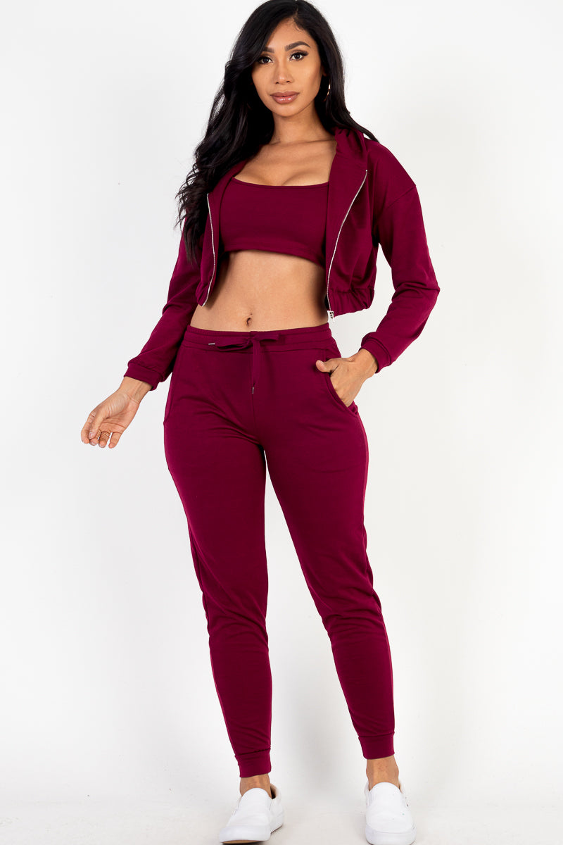 French Terry Cropped Cami with Zip-Up Jacket & Joggers Set - Women's Casual Loungewear Outfit for Yoga, Running & Streetwear Fashion