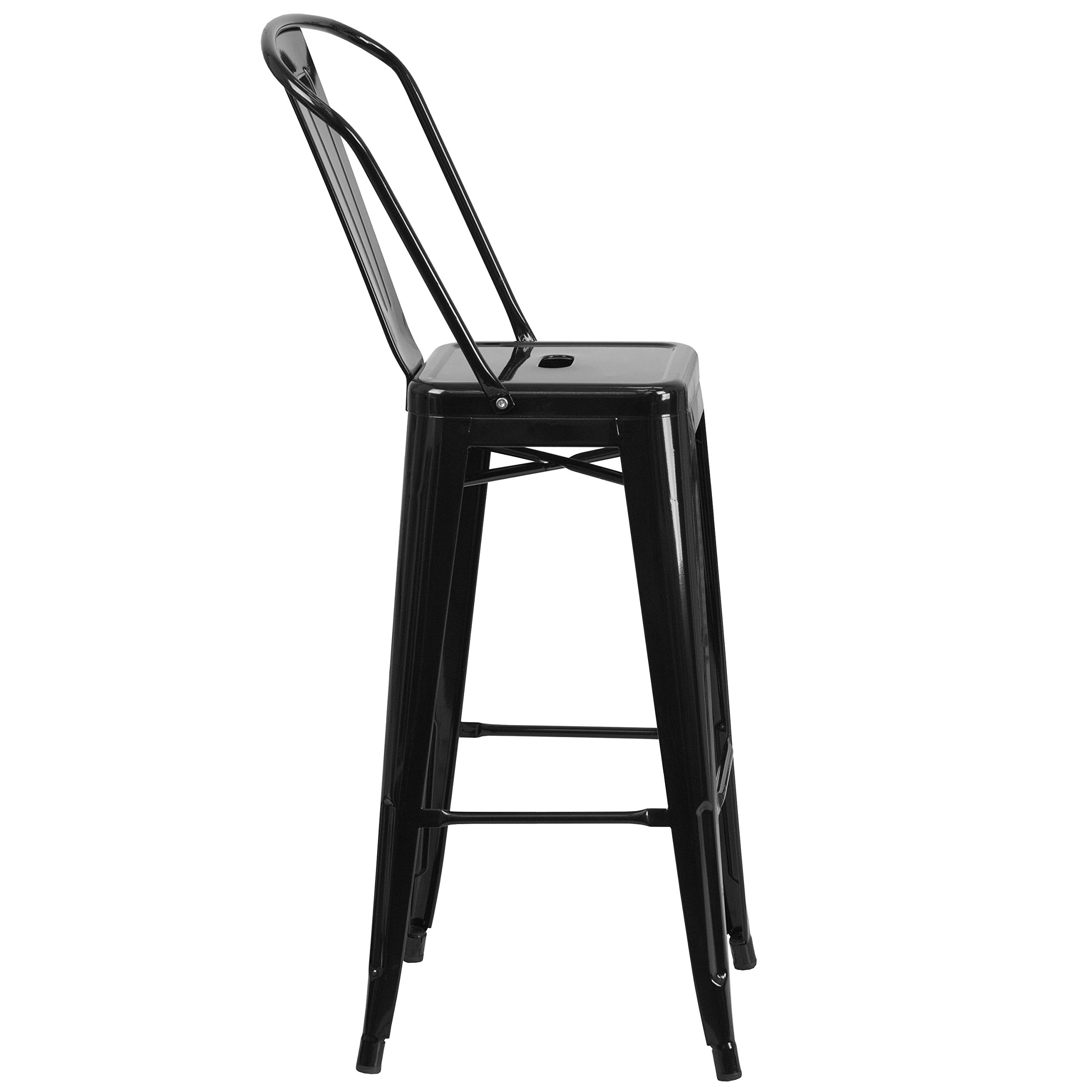 EMMA + OLIVER 30 Inch Black Metal Bar Stool with Back - Heavy Duty Commercial Grade Indoor Outdoor Counter Height Stool for Kitchen Island, Bar, Restaurant & Patio Use
