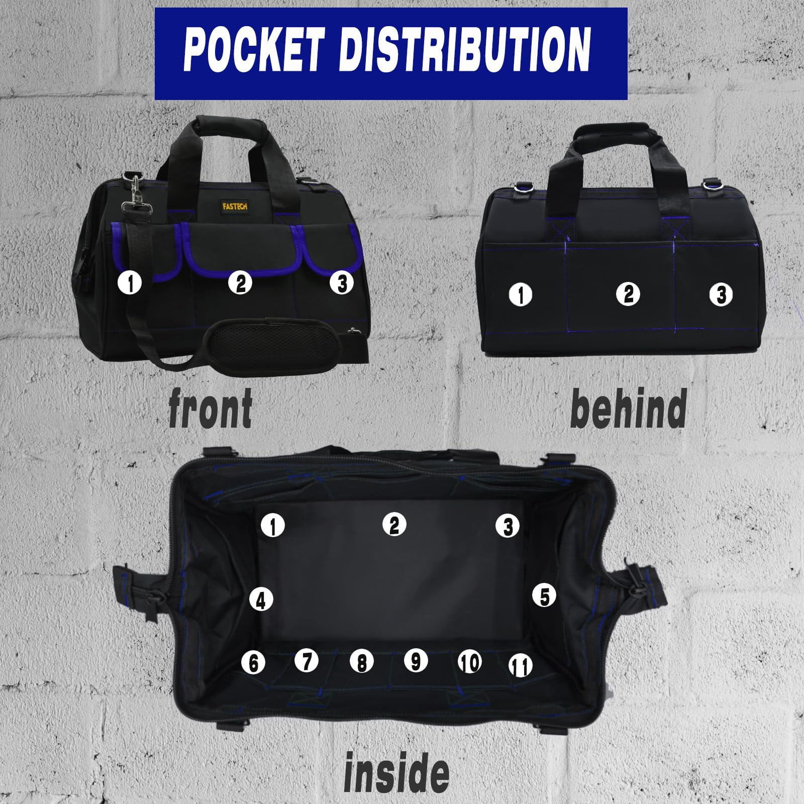 **22 Inch Heavy Duty Waterproof Tool Bag - Wide Mouth Tool Organizer for Men & Women - Durable Tool Storage Kit for Electricians, Plumbers & DIY Projects (22IN Blue)**