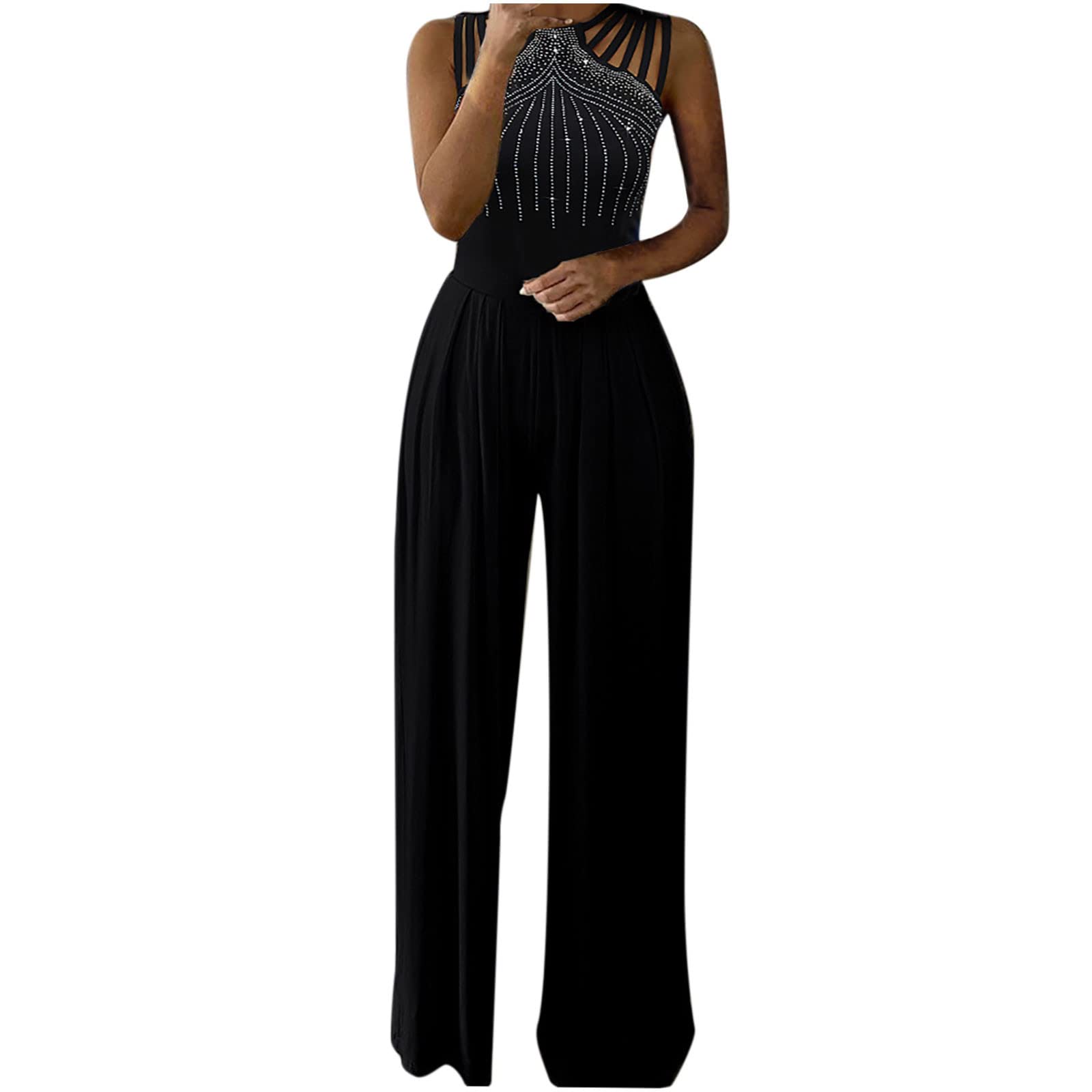 Sexy Halter Neck Sparkly Jumpsuit for Women - Sleeveless Straps Romper with Long Pants | Clubwear & Party Outfit for Nightlife, Dances & Special Occasions