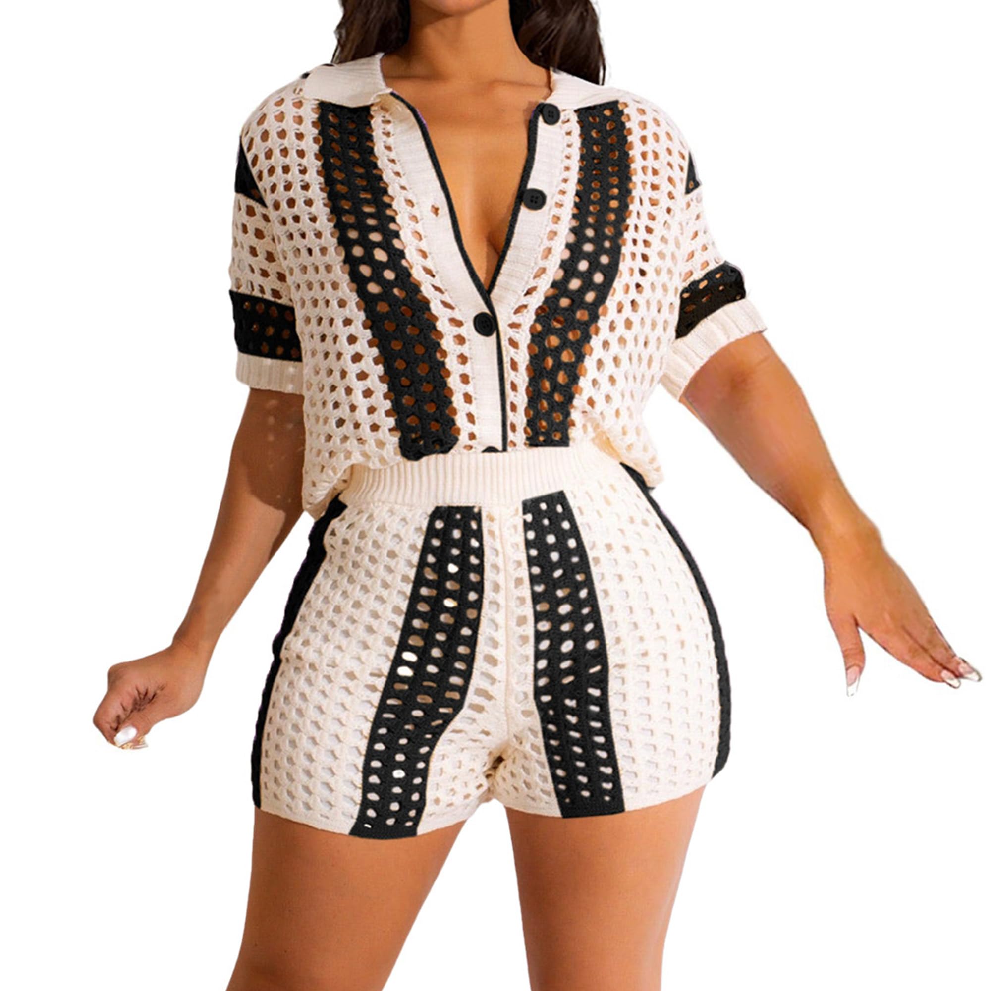 VOIKERDR Women's 2-Piece Crochet Hollow Out Shorts Set - Summer Beach Outfit with Lace Shirt & Shorts for Vacation, Pool Party & Casual Wear