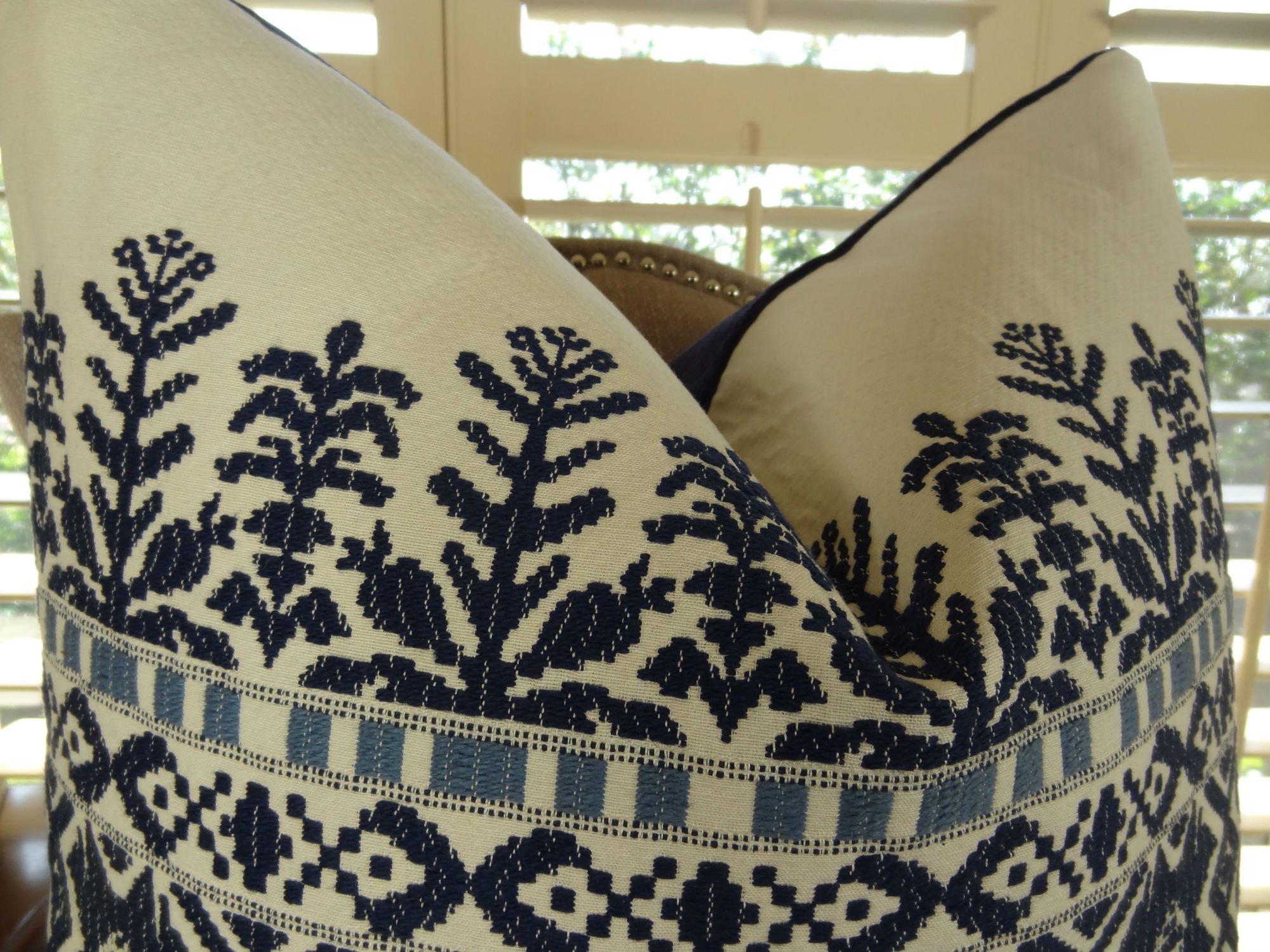 Aztec Navy Blue White Tribal Throw Pillow - Handmade Embroidered Decorative Cushion Cover for Sofa, Bed, Living Room - US Made Home Decor Gift