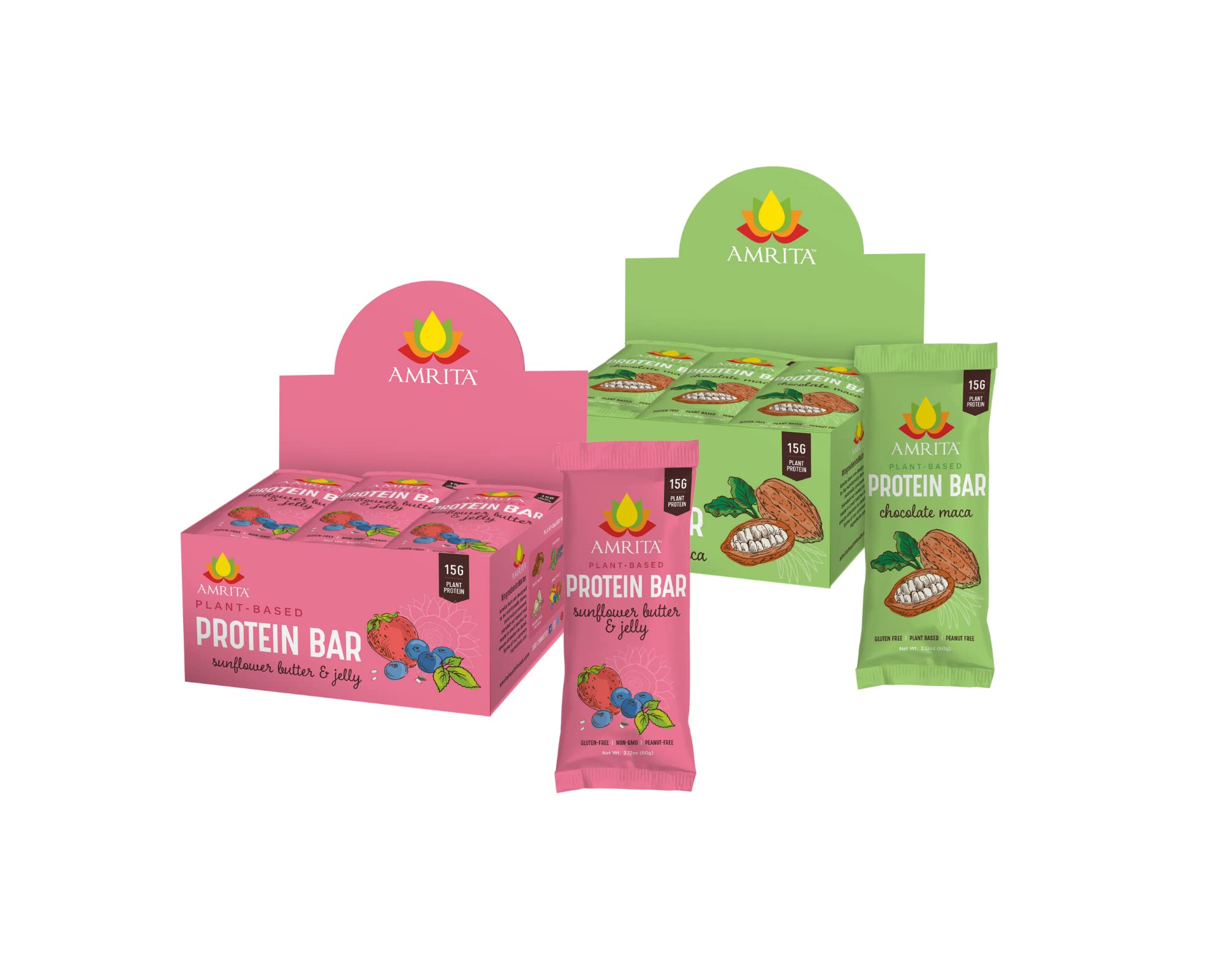 Amrita Chocolate Maca Protein Bar (12 Pack) + Sunflower Butter & Jelly Bar Bundle | Peanut Free, Soy Free, Gluten Free, Dairy Free, Vegan, Paleo, Non-GMO | High Fiber Plant Based Healthy Snacks for Workouts, Hiking & On-the-Go Nutrition