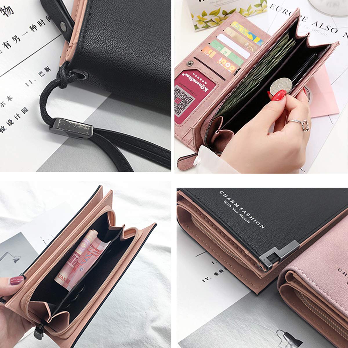 RFID Blocking Women's Wallet - Bifold Card Holder with Wrist Strap, Large Capacity Phone Clutch Purse for Everyday Use & Travel