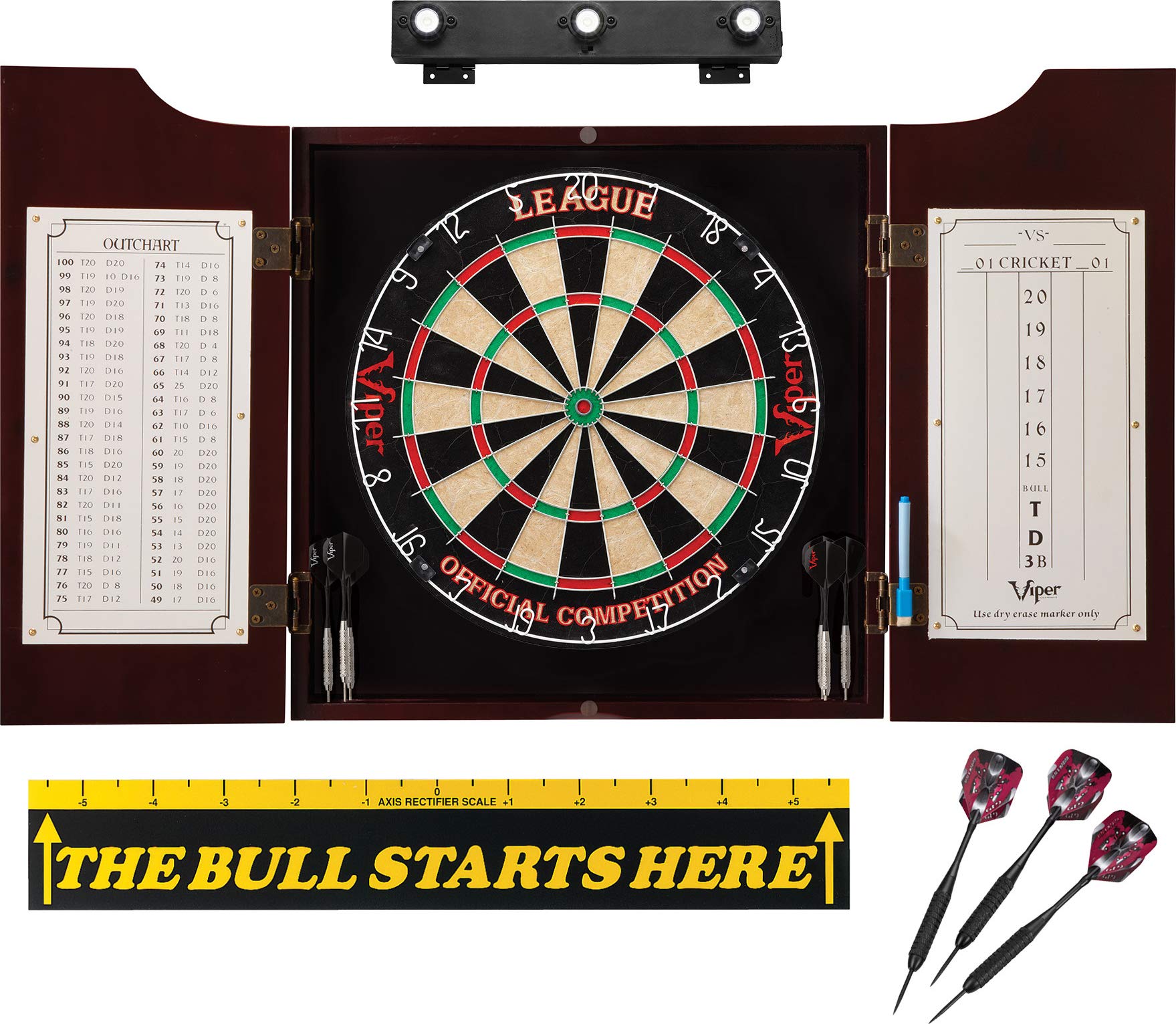 Premium Viper League Sisal Dartboard Set - Hudson Mahogany Cabinet, Shadow Buster LED Dartboard Lights & The Bull Starts Here Throw Line Marker - Perfect for Home Game Rooms, Bars & Professional Dart Practice