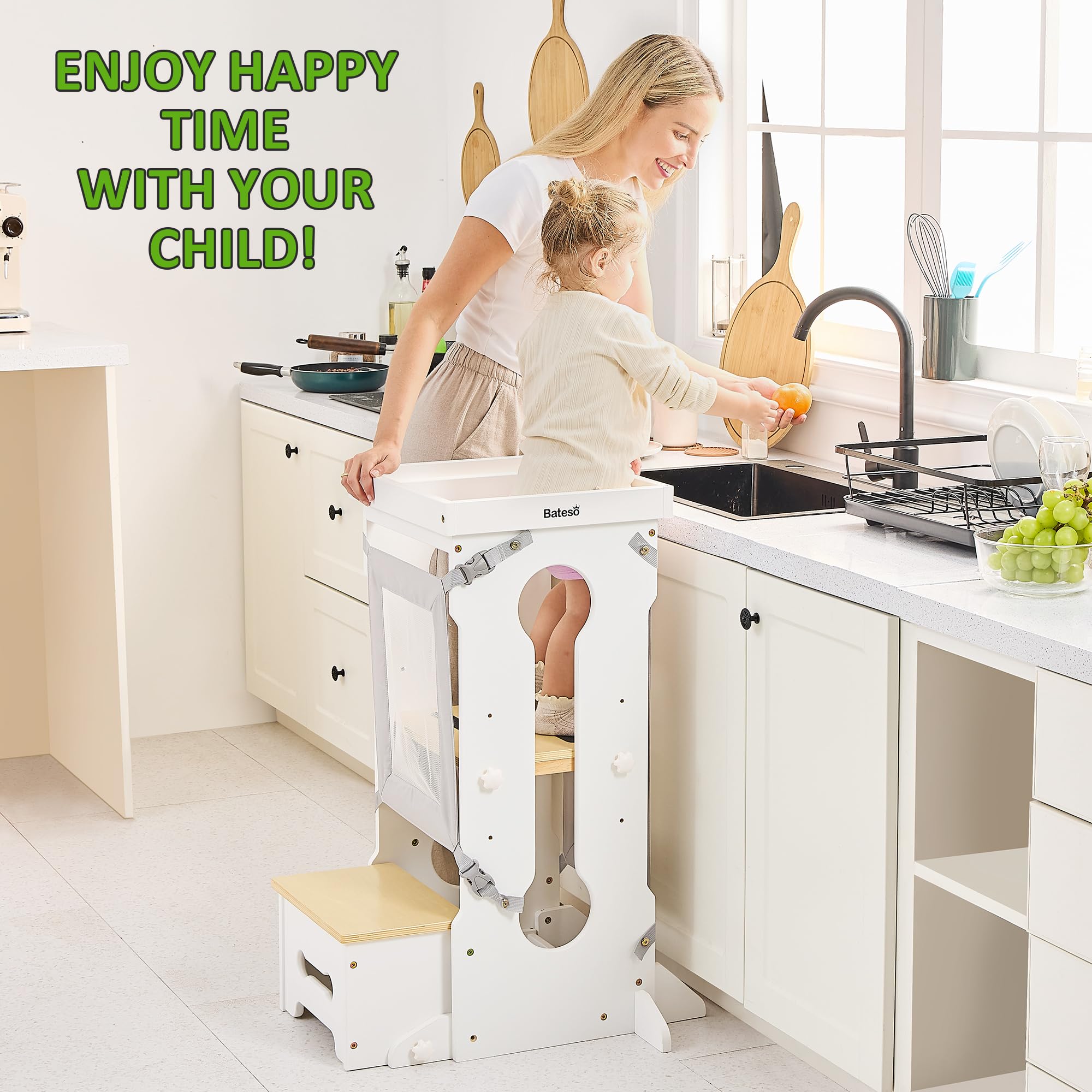 Bateso Adjustable Wooden Toddler Step Stool - Kitchen Helper Tower with 2 Removable Safety Nets & Non-Slip Mats - 4 Height Levels for Kids Ages 1-6 - Perfect for Cooking, Bathroom Sink, and Countertop Access