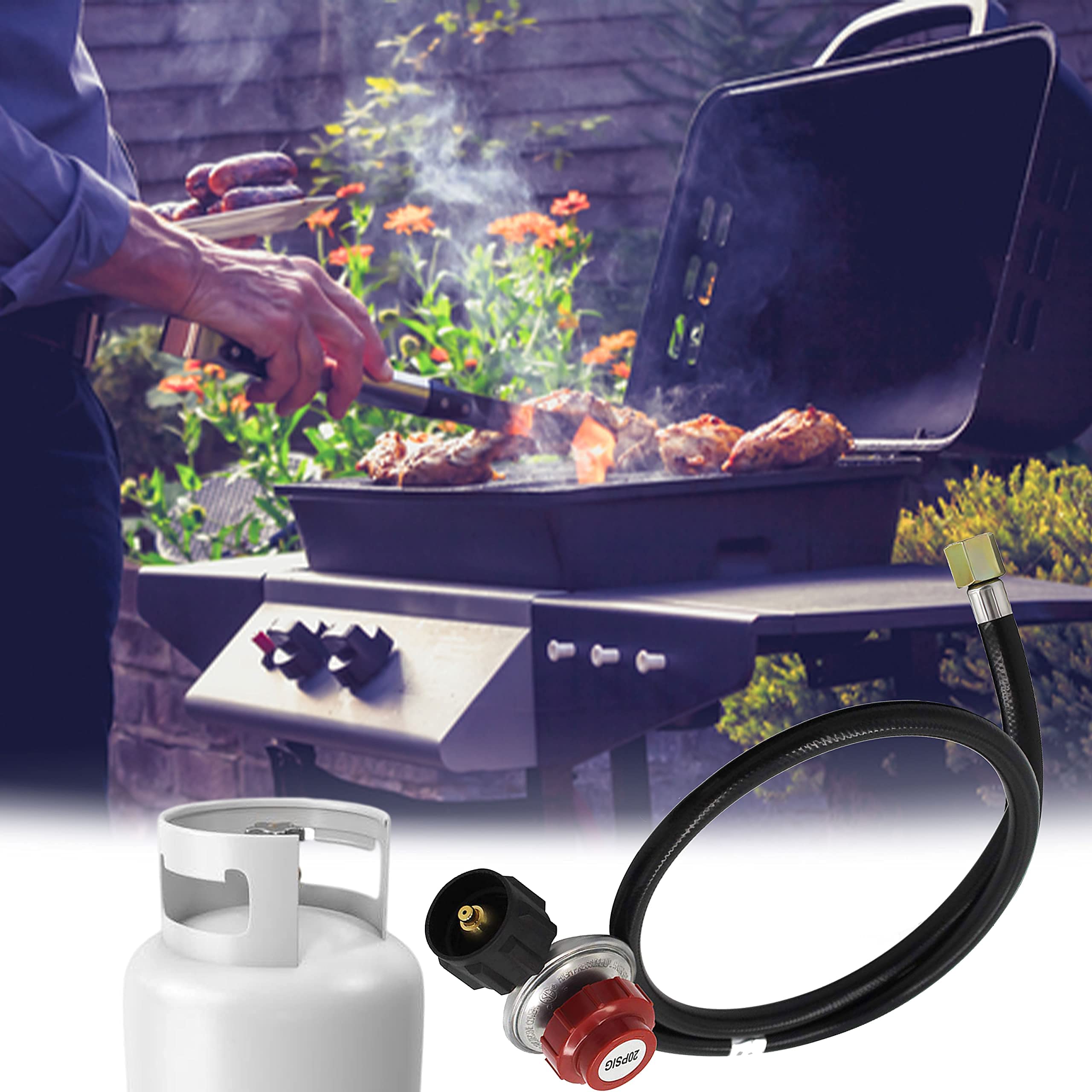 0-20 PSI Adjustable High Pressure Propane Regulator with 5FT Hose & Orifice Kit - Compatible with Turkey Fryers, Propane Burners, Fire Pits, Gas Grills, Fish Cookers - Includes 1/8