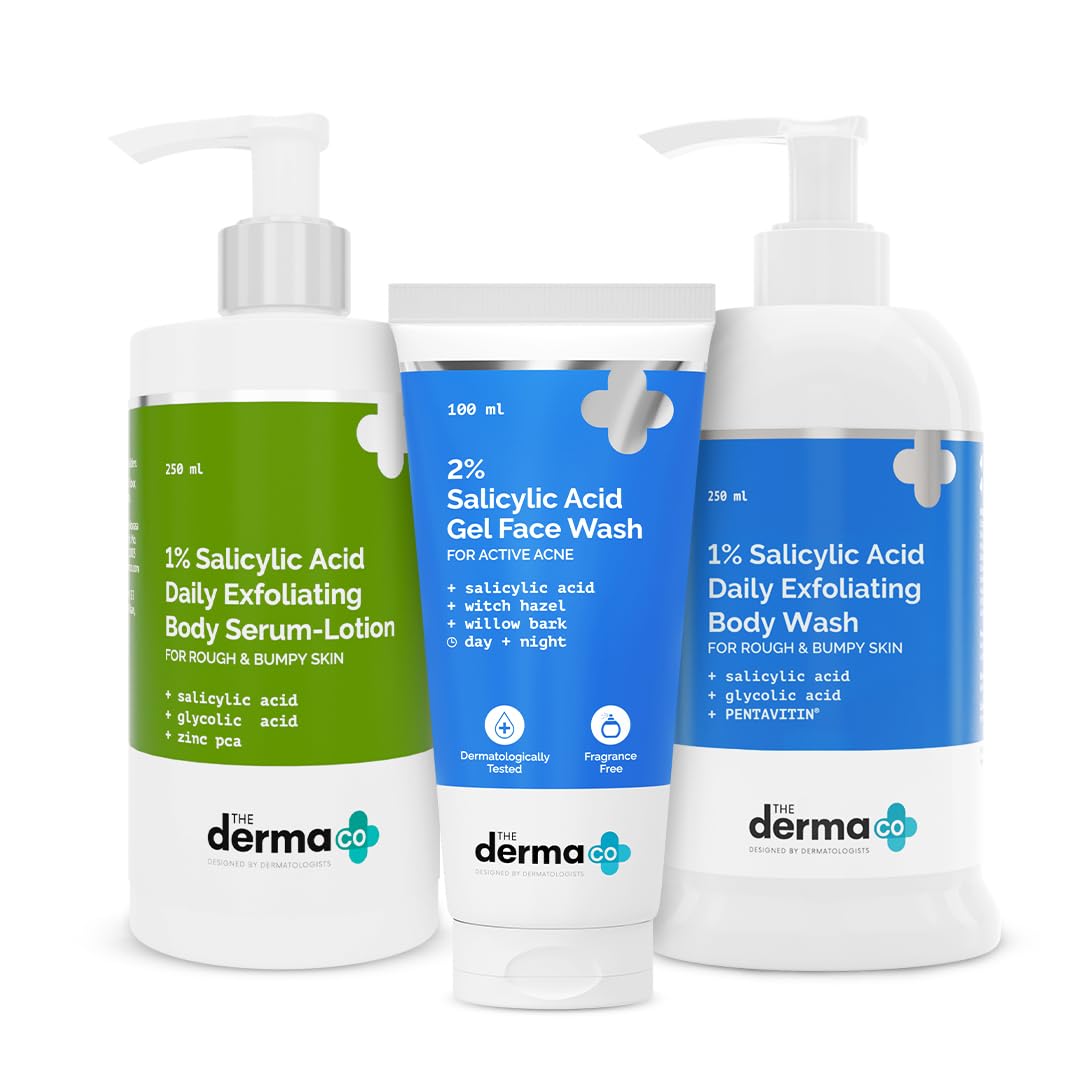 The Derma Co Clear & Smooth Acne Treatment Kit - 2% Salicylic Acid Face Wash (100ml) + 1% Salicylic Acid Body Wash (250ml) + 1% Salicylic Acid Body Serum Lotion (250ml) | For Acne-Prone Skin | Exfoliates & Brightens | Perfect for Daily Skincare Routine & Body Care