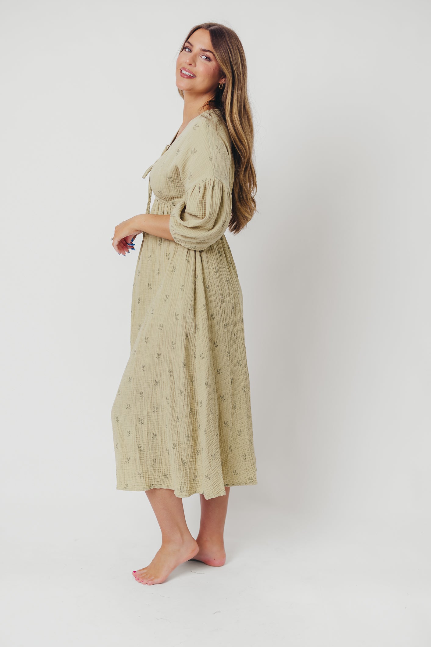 Hunter 100% Cotton Gauze Midi Dress in Thyme/Sage Foliage - Bump Friendly & Inclusive Sizing (XS-3XL) | Breathable Summer Dress for Maternity, Beach, and Casual Wear