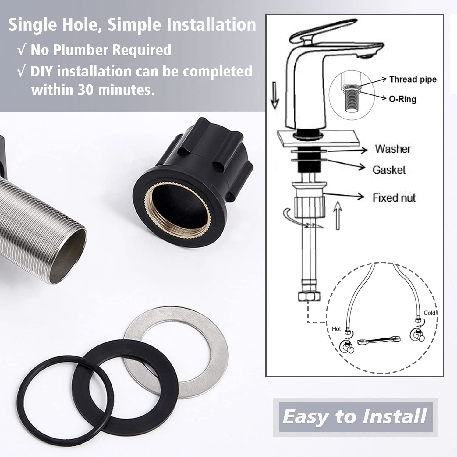 Premium Brushed Nickel Single Handle Bathroom Faucet - 1 Hole Modern Sink Mixer Tap with Brass Construction & Supply Hoses - Perfect for Vanity, Guest Bath & Powder Room Upgrades