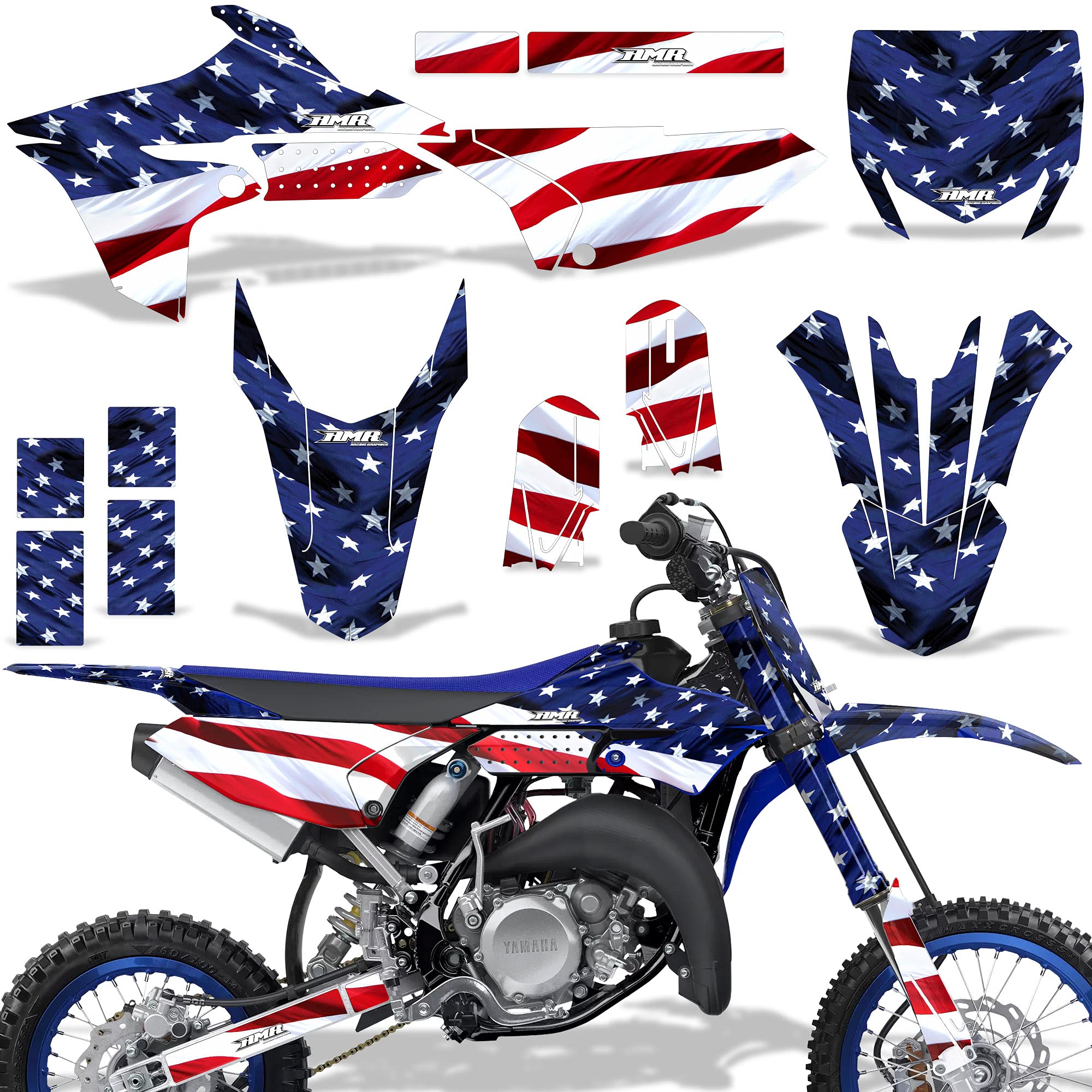 AMR Racing MX Dirt Bike Graphics Kit - USA Flag Stars & Stripes Sticker Decal for Yamaha YZ65 (2018-2021 Models) - Perfect for Motocross Racing & Off-Road Bike Customization