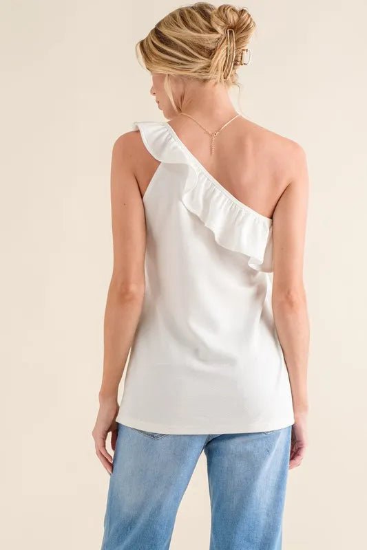 And The Why Ruffle One Shoulder Sleeveless Tank Top for Women - Chic Summer Blouse for Casual Outings & Date Nights