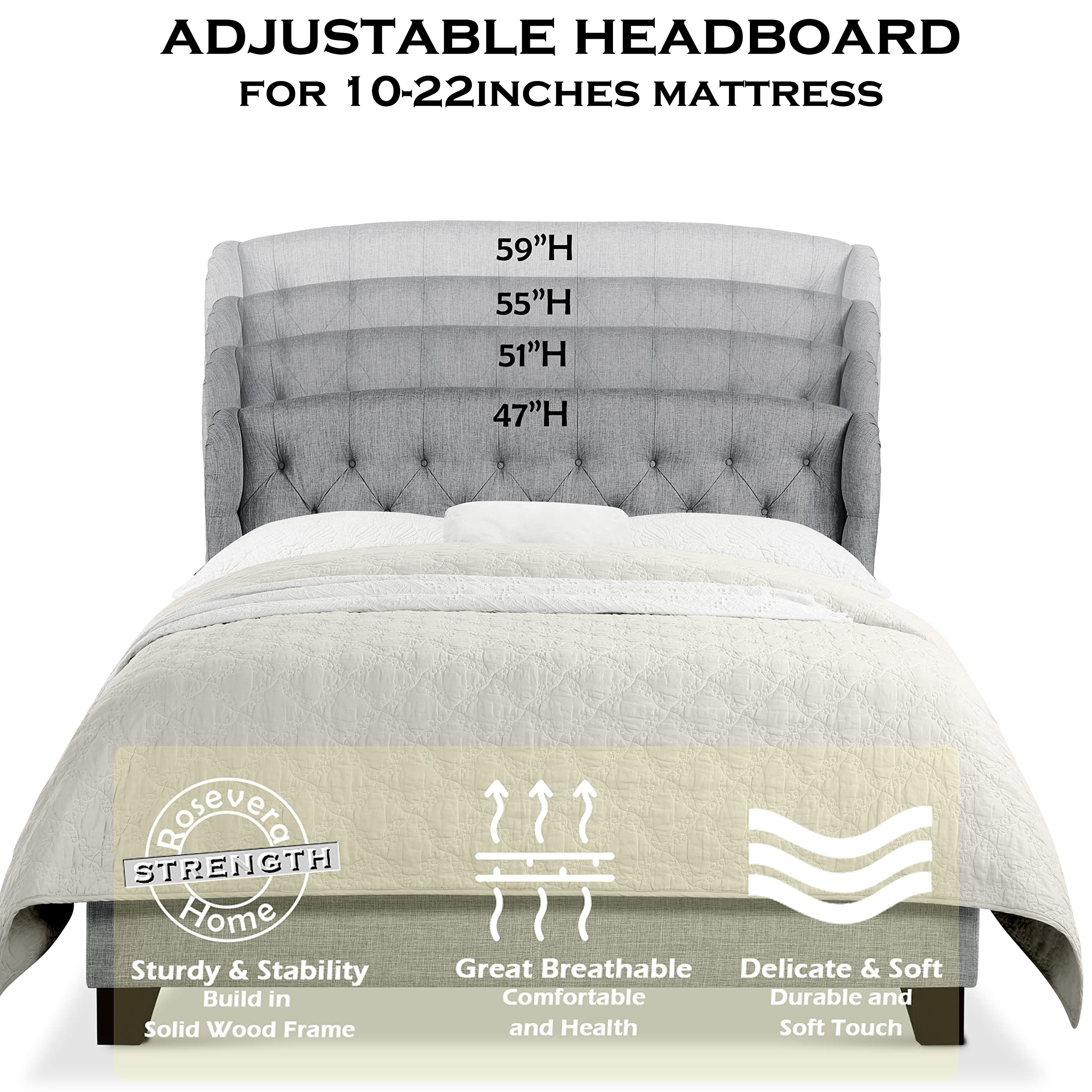 Rosevera Issac King Size Bed Frame with Adjustable Headboard & Button Tufted Design in Textile Gray - Perfect for Master Bedrooms & Guest Rooms