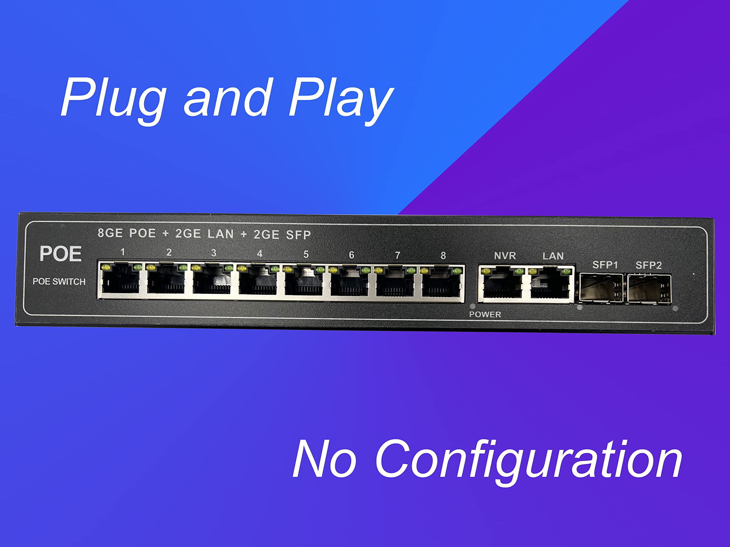Elfcam® 8-Port Gigabit PoE Switch with 2 SFP Fiber Ports (1.25G) - Plug & Play Unmanaged Network Switch for Home/Office - 10/100/1000Mbps Ethernet, Power Over Ethernet for IP Cameras & VoIP Phones