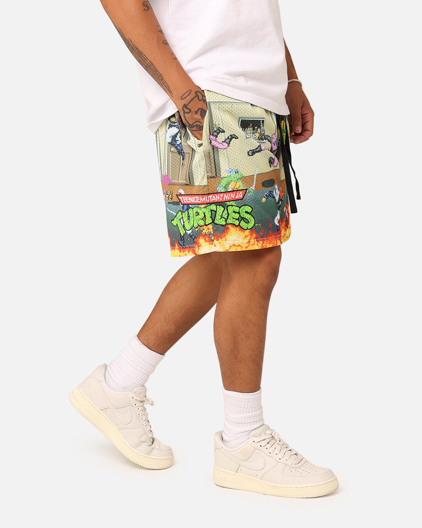 American Thrift X Teenage Mutant Ninja Turtles Arcade Retro Mesh Shorts - Tan/Multi Color - Casual Streetwear & 90s Nostalgia Fashion for Men