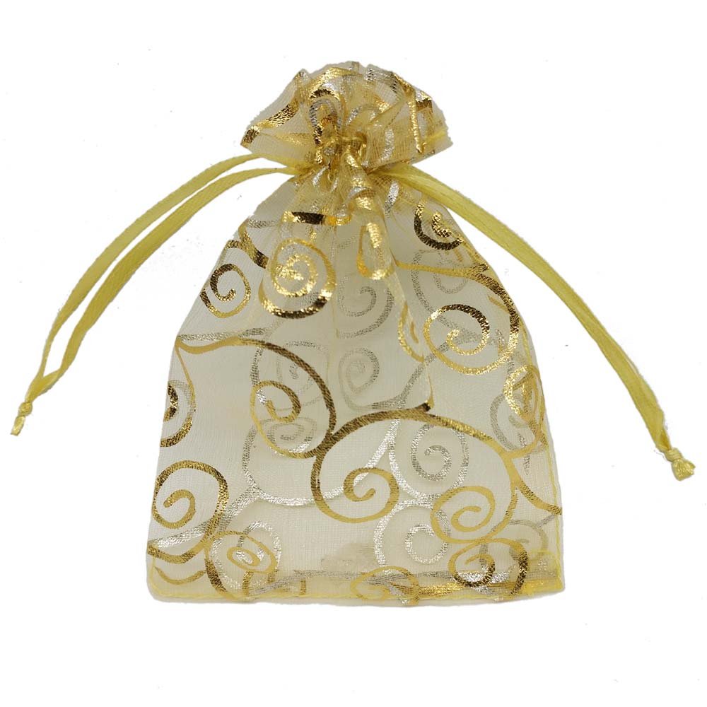 100pcs Sheer Organza Favor Bags 4x6 Inch Gold - Elegant Wedding Gift Bags, Baby Shower Party Favors, Rattan Print Drawstring Pouches for Candy, Jewelry & Small Gifts - Perfect for Bridal Showers, Birthday Parties and Special Events