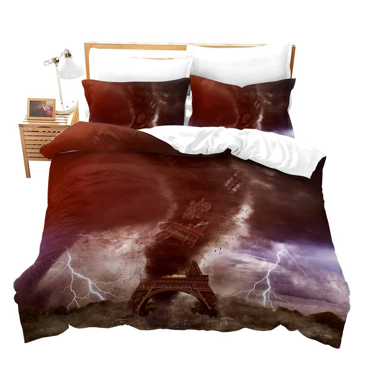 3-Piece Tornado Pattern Comforter Set - Full Size Eiffel Tower Printed Duvet Cover with Purple Lightning Design for Adults, Men & Teens - Includes Zipper Ties (Comforter Not Included) - Perfect for Modern Bedroom Decor & Gift Ideas