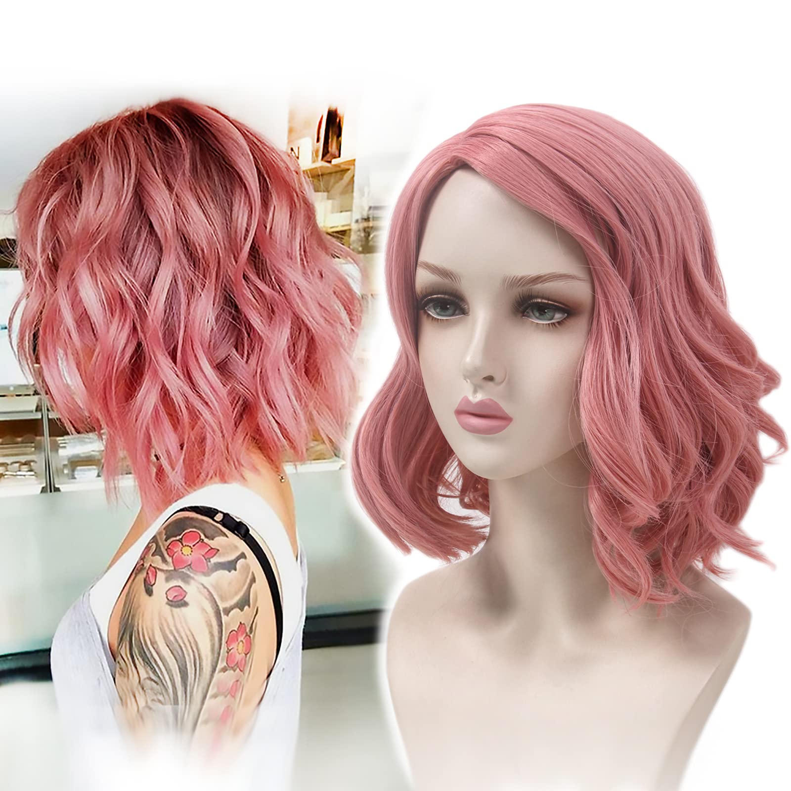 STfantasy Short Pink Wavy Synthetic Wig - Heat Resistant Women's Costume Hair for Cosplay, Fancy Dress, Halloween & Carnival Parties | Perfect for Costume Events, Themed Parties & Cosplay Conventions