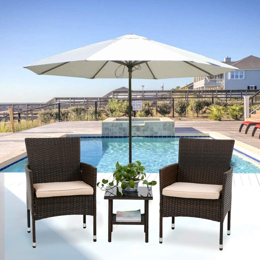 3-Piece Outdoor Patio Furniture Set - Wicker Bistro Table & Rattan Chairs with Coffee Table - Brown Garden Conversation Set for Porch, Yard & Outdoor Dining | Weather-Resistant & Comfortable