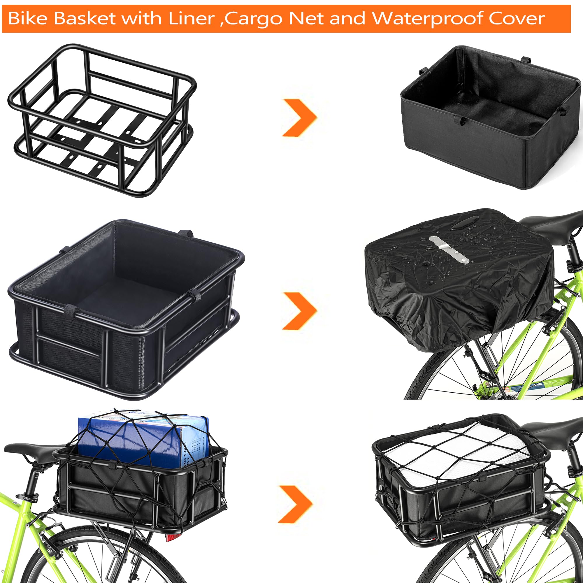 Large Waterproof Rear Bike Basket with Liner, Cargo Net & Bungee Cord - Perfect for Electric Bicycles, Commuting, Grocery Shopping & Outdoor Adventures