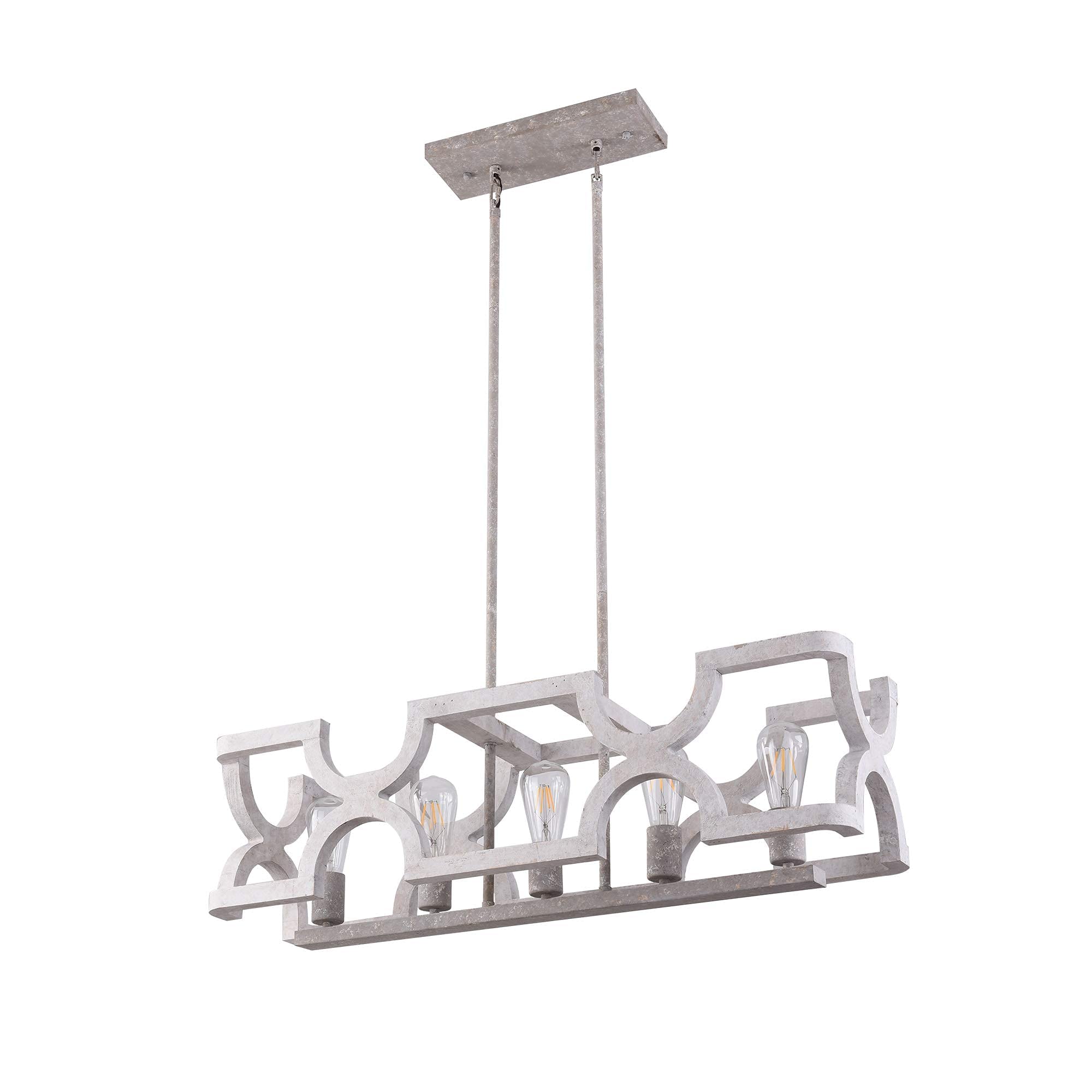 Rustic Farmhouse Chandelier - 5-Light Wood & Iron Pendant Lighting for Kitchen Island, Dining Room, Foyer or Restaurant - Distressed White Finish - Perfect for Country Style Home Decor and Commercial Spaces