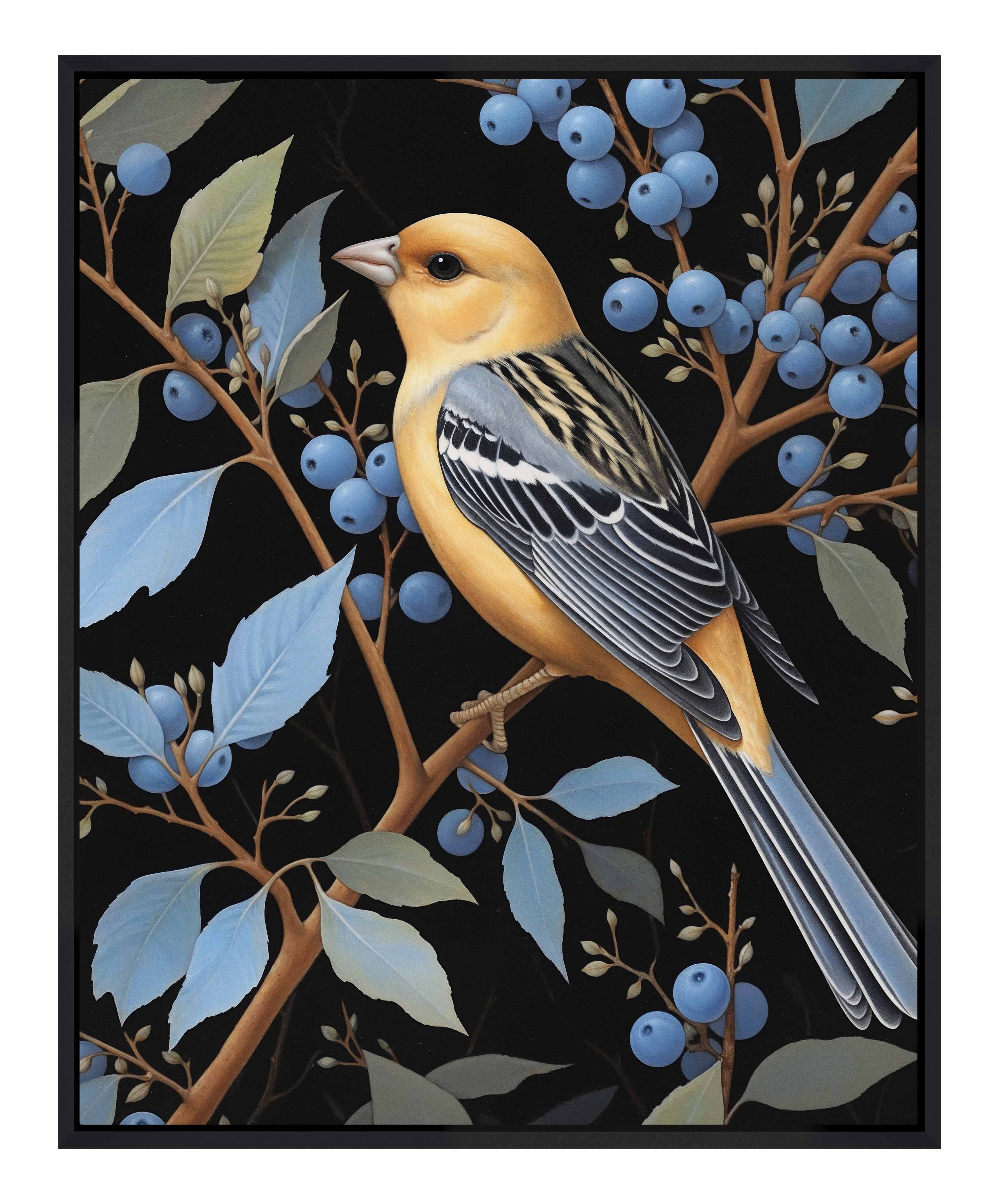 Bounty of Blue Oriole Amidst Berries Gallery Wrapped Canvas - Stunning Nature Wall Art for Living Room, Bedroom & Office Decor