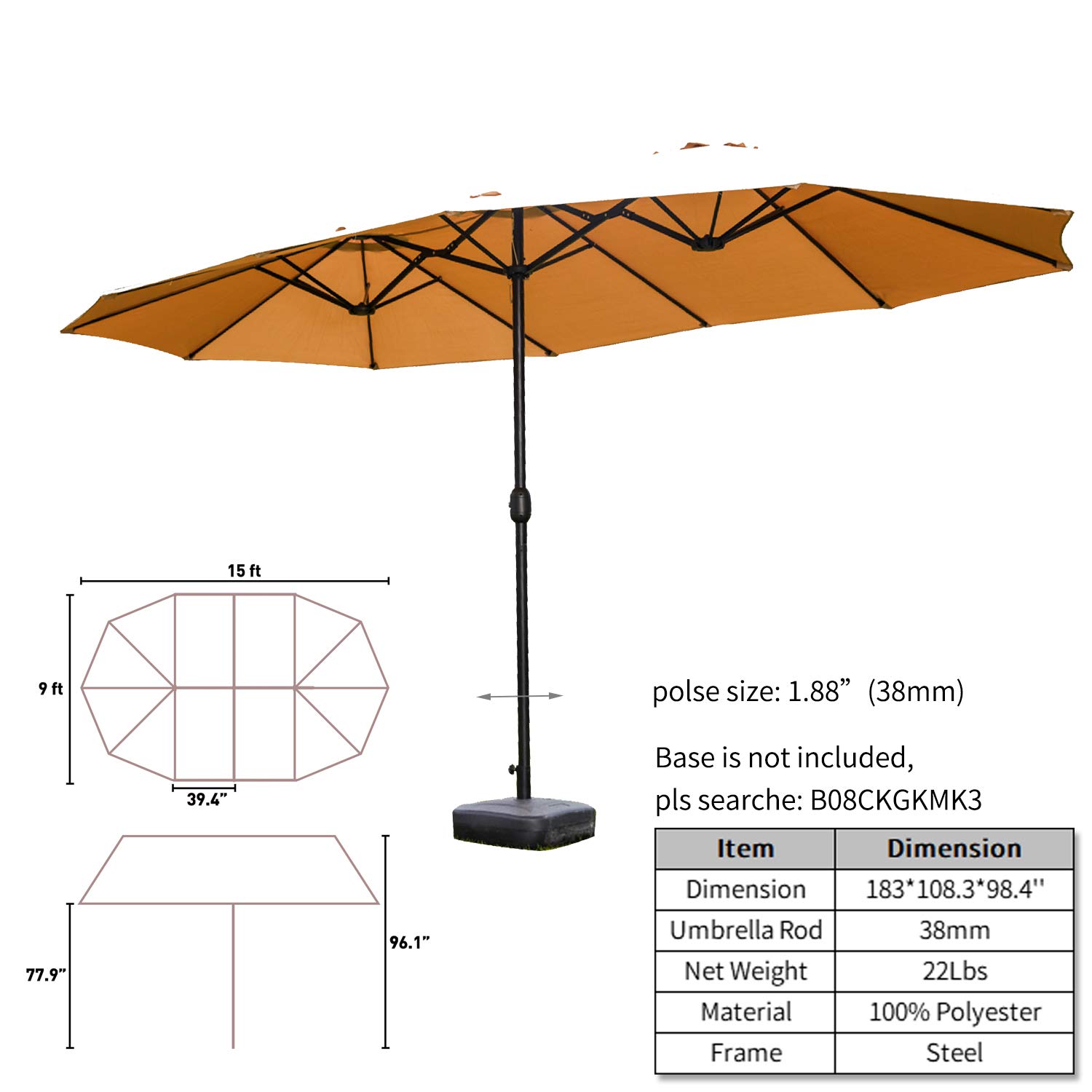PatioFestival 15Ft Double-Sided Outdoor Market Umbrella with Crank Handle & Heavy Duty Base - Extra Large Sun Shade for Patio, Poolside, Backyard, and Commercial Use