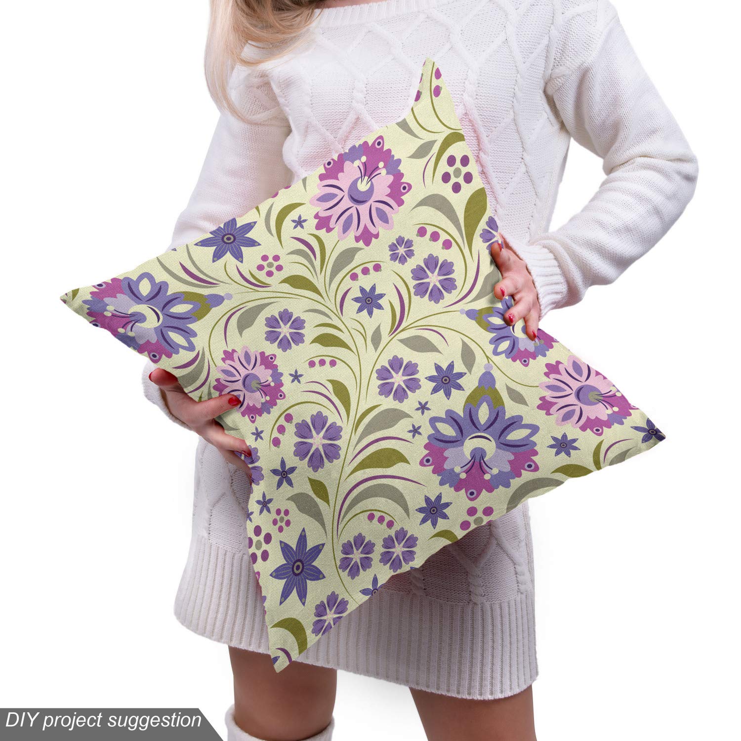 Ambesonne Garden Art Fabric by The Yard - Pale Toned Spring Flowers with Swirled Leaves on Lavender Purple & Pale Green Background | Decorative Upholstery Fabric for Sofa, Curtains, Pillows & Home Decor | Perfect for Living Room, Bedroom & DIY Craft Projects