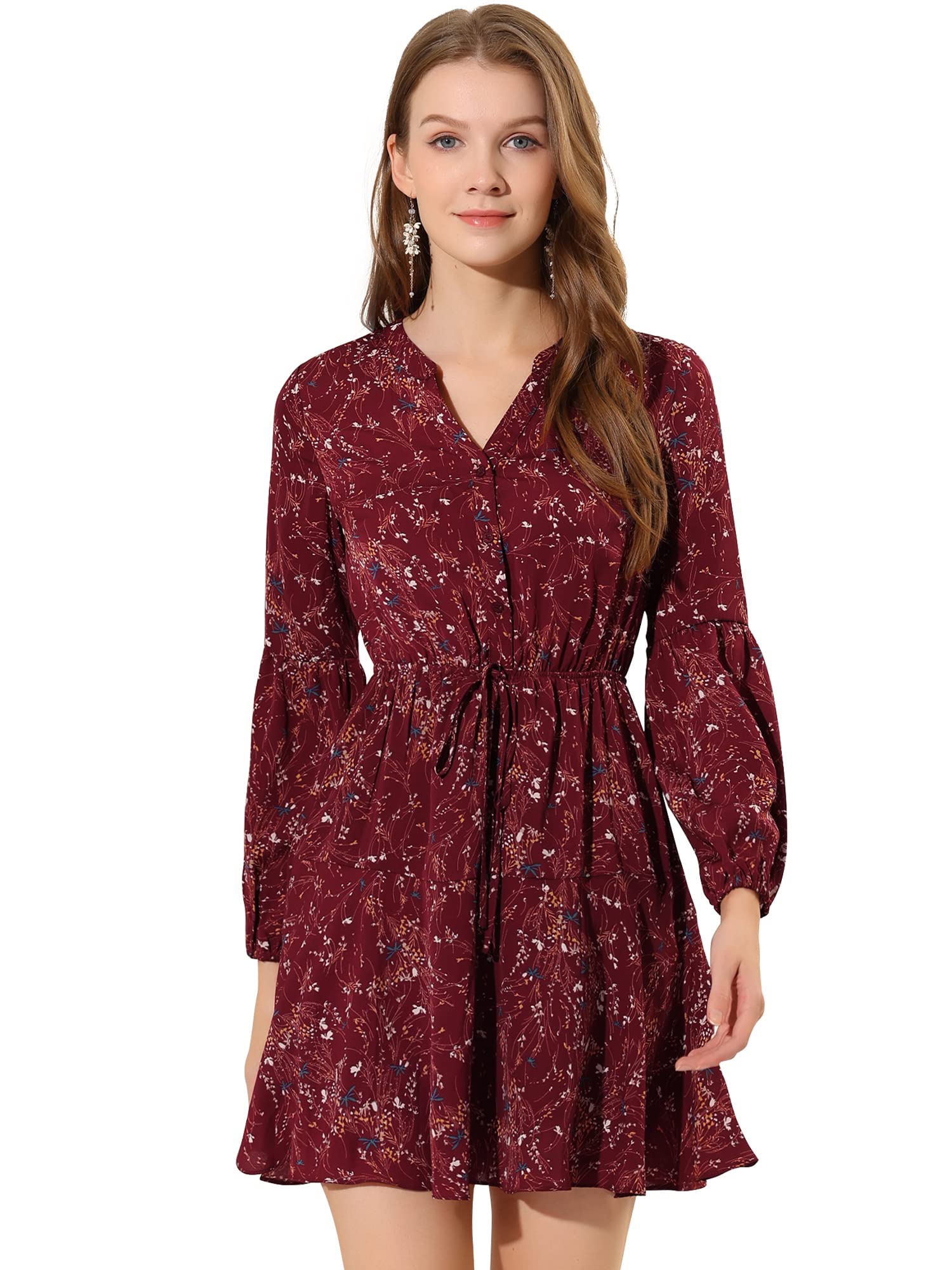 Allegra K Women's Vintage Floral Print Long Sleeve Dress with Button Front & Tie Waist - Perfect for Spring Weddings, Garden Parties & Office Wear