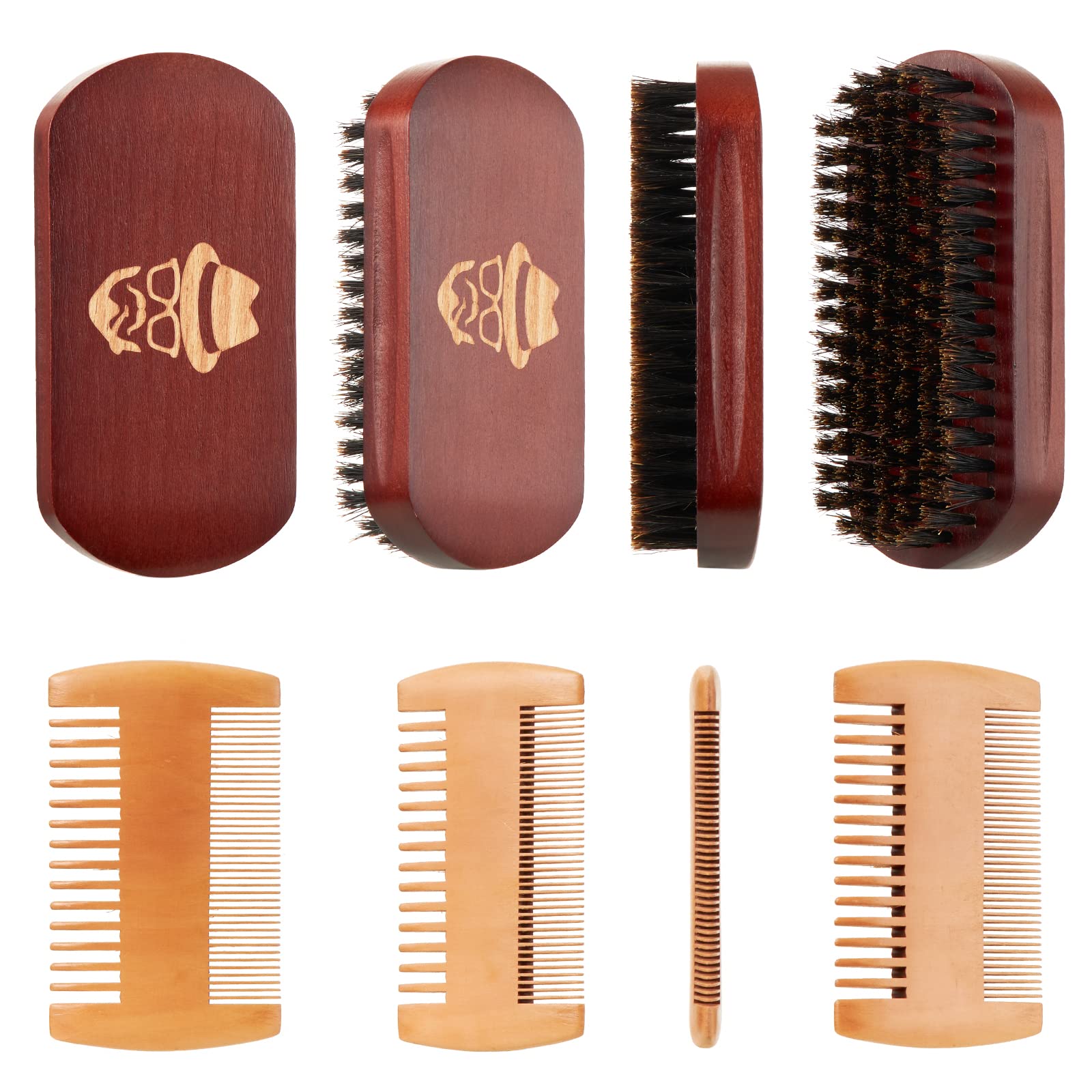 100% Boar Bristle Beard Brush & Comb Set - Natural Black Walnut Wood Mustache & Facial Hair Grooming Kit for Men - Perfect for Daily Styling, Trimming & Shaving Routine
