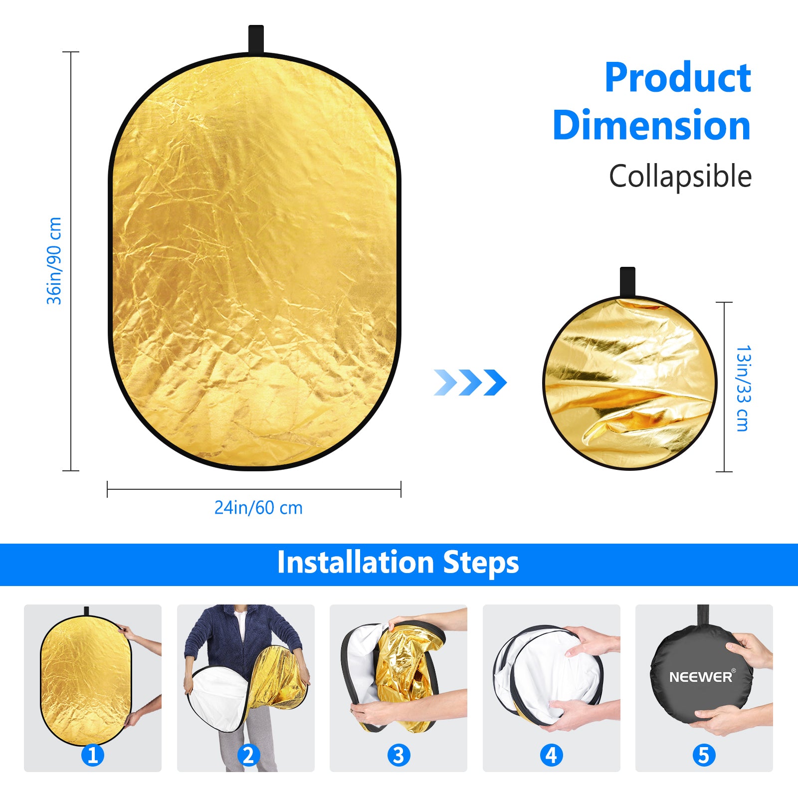 NEEWER 5-in-1 Portable Photography Lighting Reflector and Diffuser Kit for Studio, Outdoor, and Portrait Photography