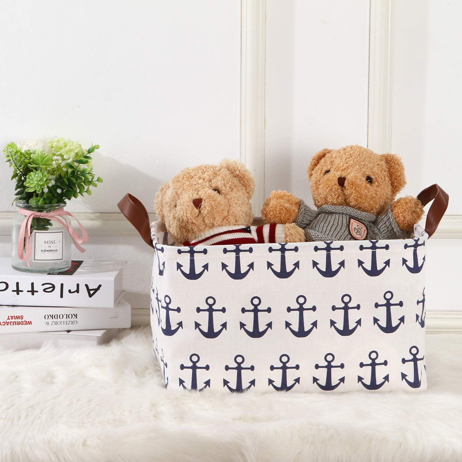 Sea Team Large Collapsible Canvas Storage Bin - 16.5 x 11.8 Inch Nautical Anchor Pattern Shelf Basket - Navy Blue Toy Organizer for Kids Room, Nursery, or Playroom Storage