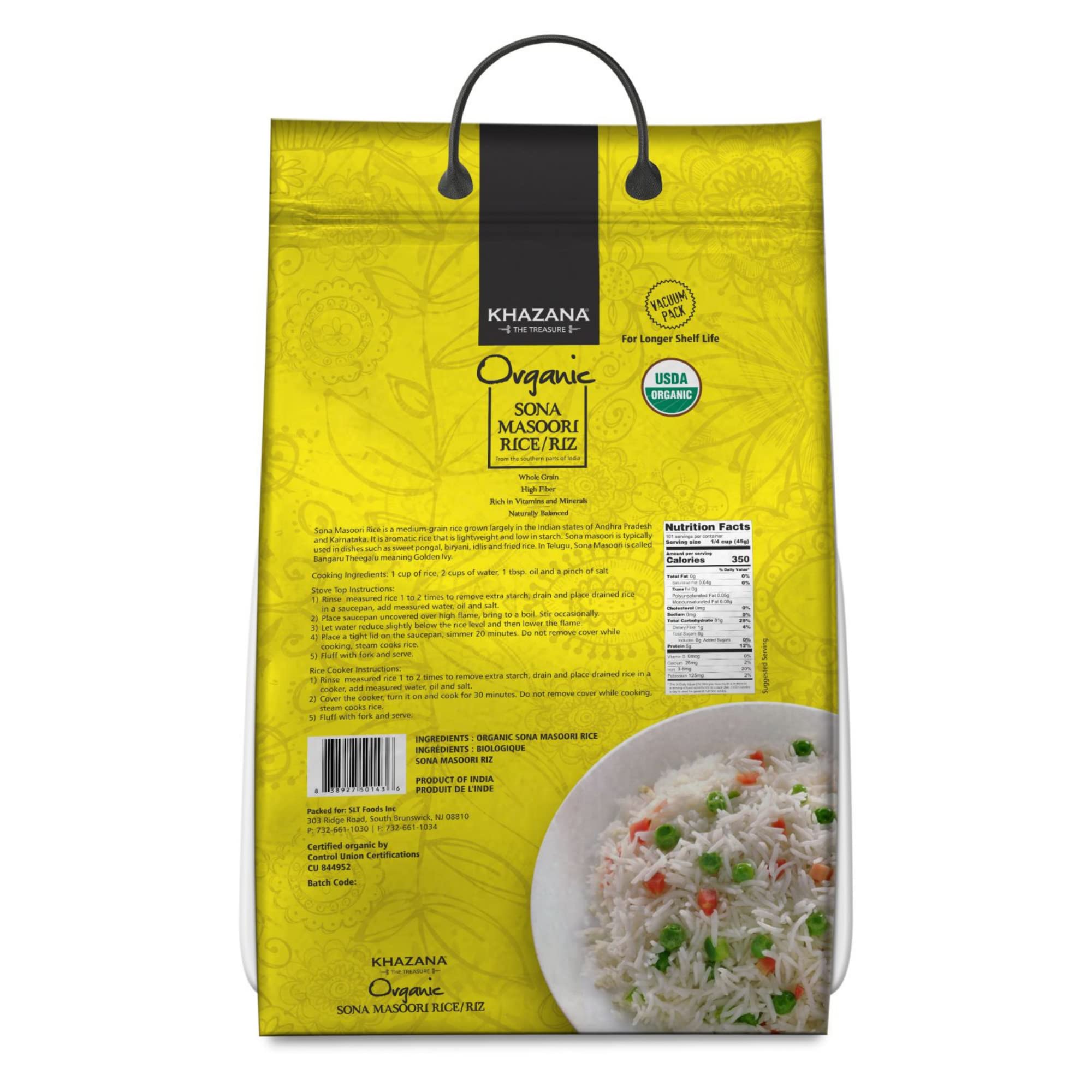 Khazana Organic Sona Masoori Rice - 10 lb Bag of Aromatic Indian Basmati - Non-GMO, Gluten-Free, Kosher, Cholesterol-Free Whole Grain - Perfect for Biryani, Pulao & Healthy Meals