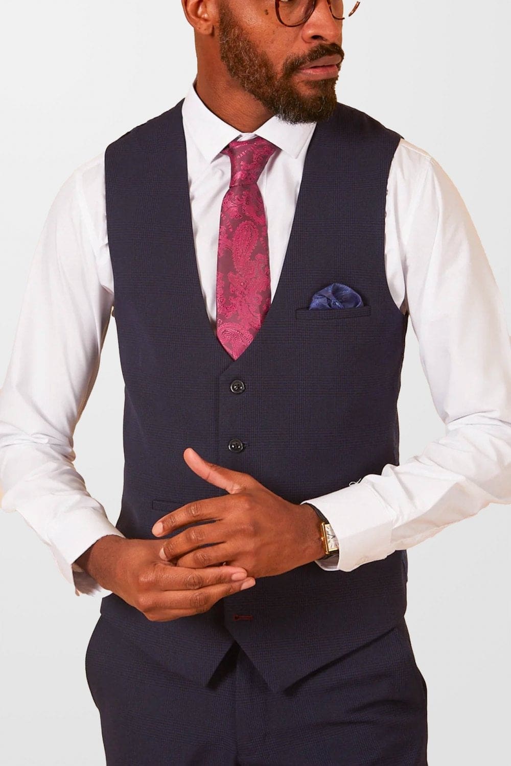 Marc Darcy Bromley Navy Single Breasted Check Waistcoat for Men - Stylish Formal Vest for Weddings, Business & Office Wear