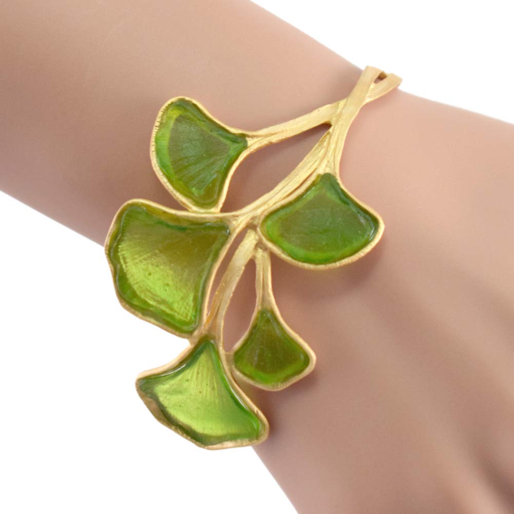 Handmade Artisan Glass & Gold Plated Ginkgo Leaf Cuff Bracelet - Elegant Boho Jewelry for Women, Perfect for Weddings, Parties & Everyday Wear